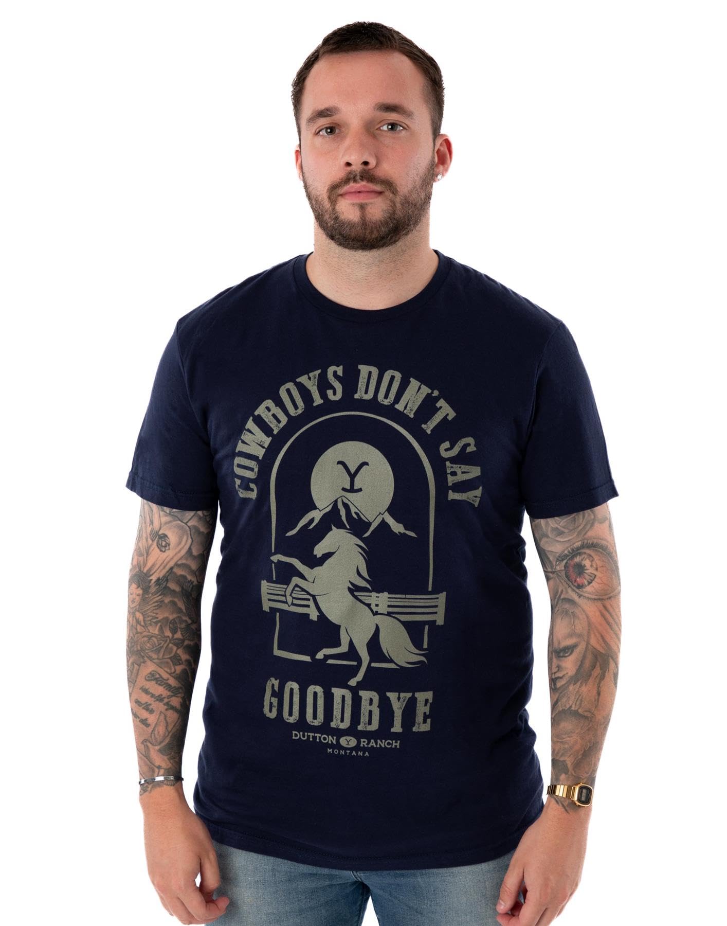 Yellowstone Men's Short-Sleeve T-Shirt | Dutton Ranch Official Merchandise of The Acclaimed US TV Show | Cowboys Goodbye - Stylish and Comfortable Navy Tee for Men