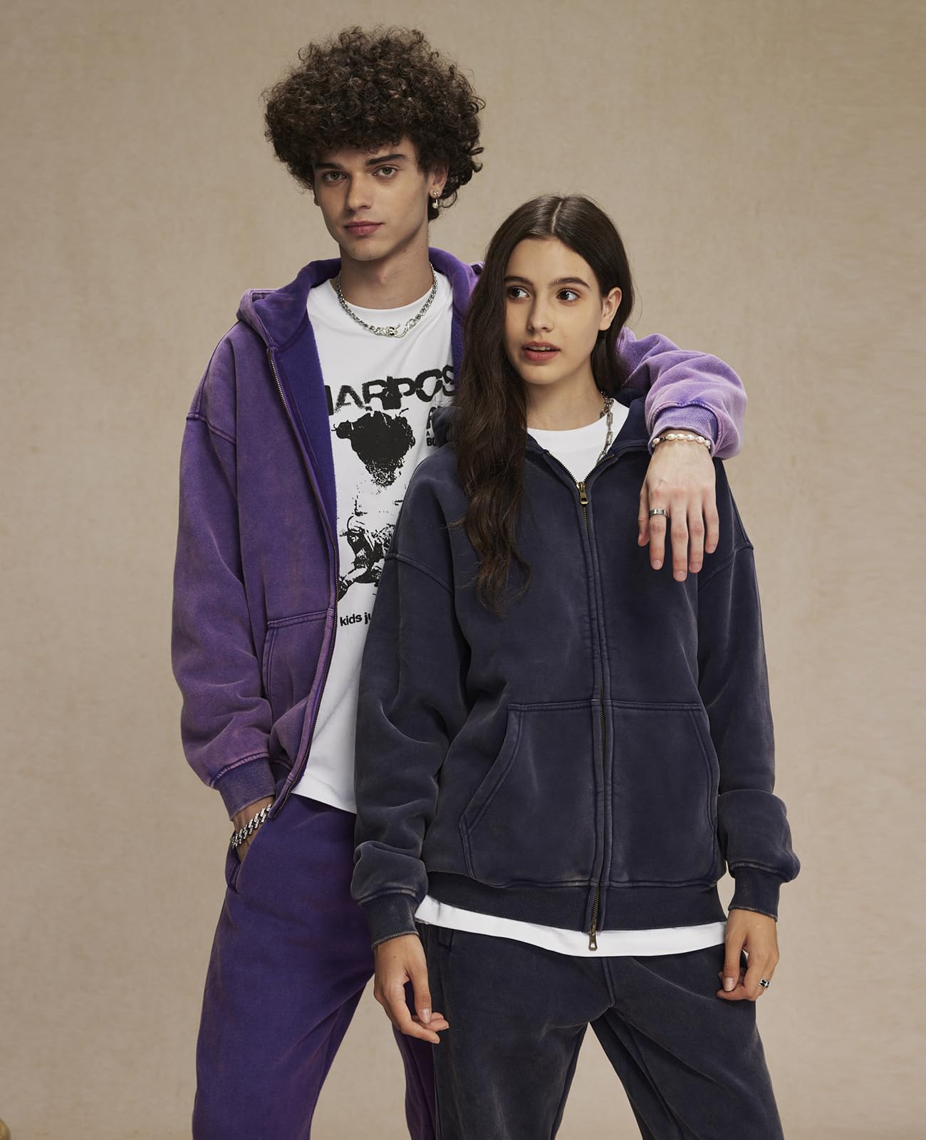 HOUZONIY Herren Fleece-Kapuzenpulli mit durchgehendem Reißverschluss Oversized Basic Zip Hoodie Y2k Hip Hop Sweatjacke Unisex mit Kapuze Pullover Jacke