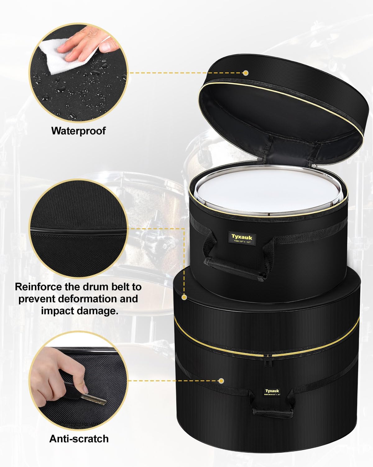5-Piece Drum Case Set - Padded Drum Bags for 22" Kick, 12"/13"/16" Toms & 14" Snare Lightweight drum carrying cases for drummers, ideal for gig transport & long-term storage, protects standard kit