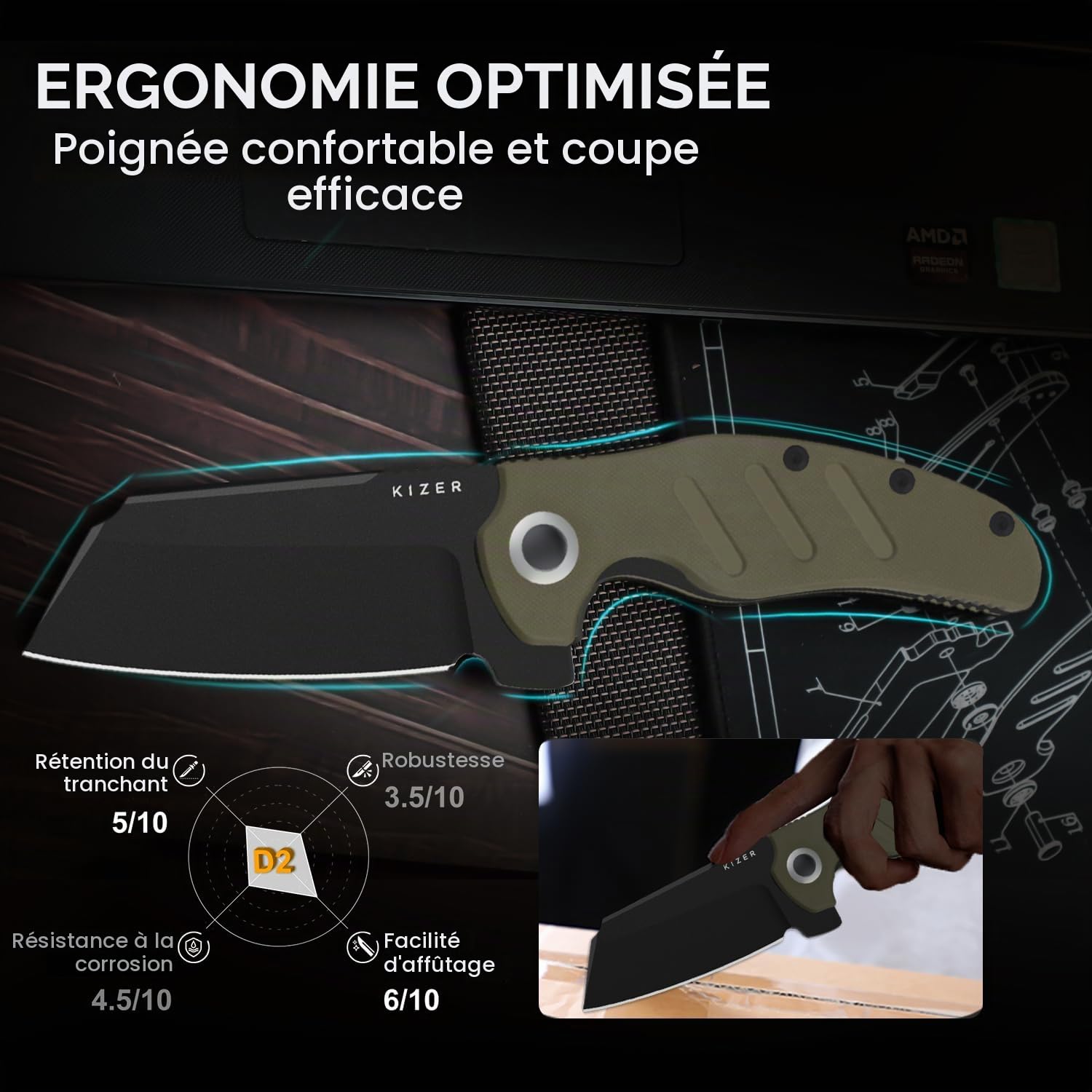 Kizer C01C XL Sheepdog Couteau de Poche, Lame Sheepsfoot D2 de 10cm, Couteau Pliable EDC avec Manche G10, Non-automatique Ouverture manuelle, Clip de Poche, Couteaux de Survie pour le Camping V5488M1