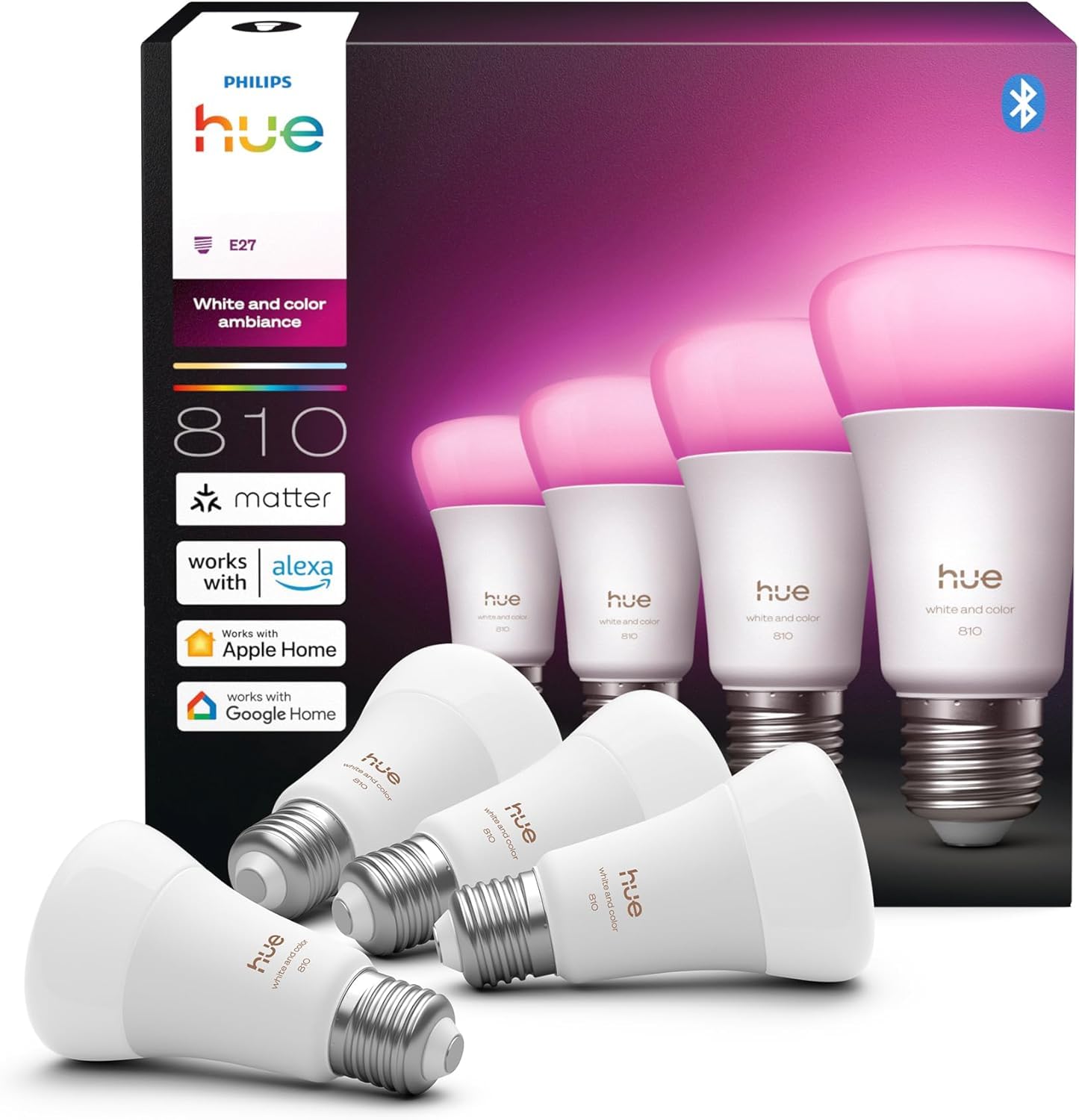Philips Hue Ampoule connectée LED A60, White and color, Ampoule Philips Hue E27, 6 W, Spectre complet 1000-2000 K, 810 lm, Intensité variable, Compatible Alexa, Google et Apple Home, pack de 4