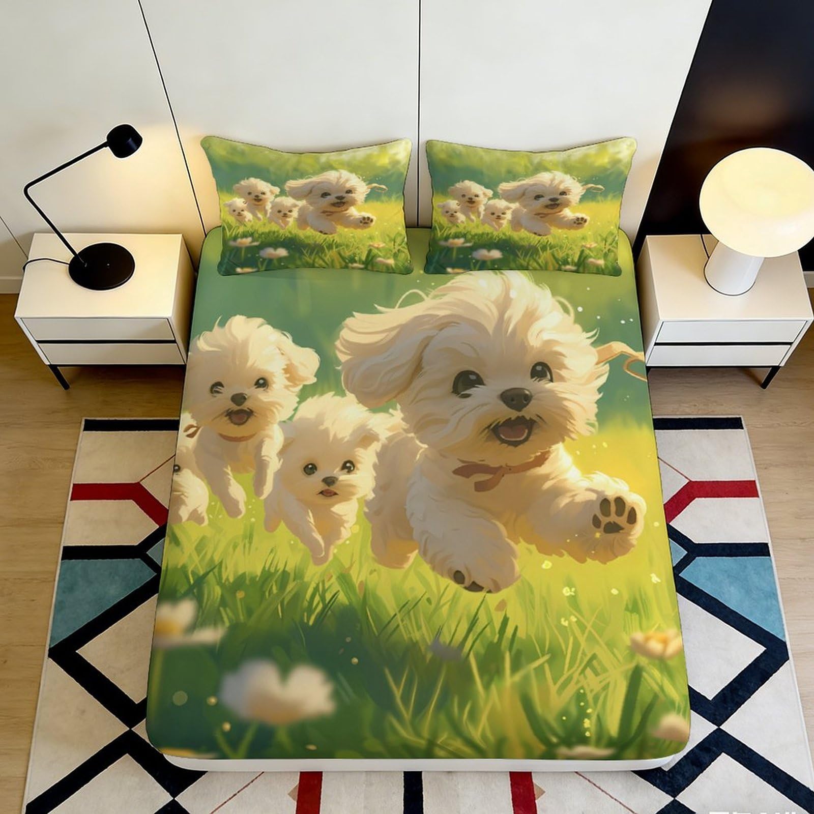 Pnayamiorkfel Style-3 3D Printed Playful Puppy Fitted Sheet Microfiber Soft Washable Meadow Dog Bed Cover For Bedroom Guest Room Decor 90X200x25cm