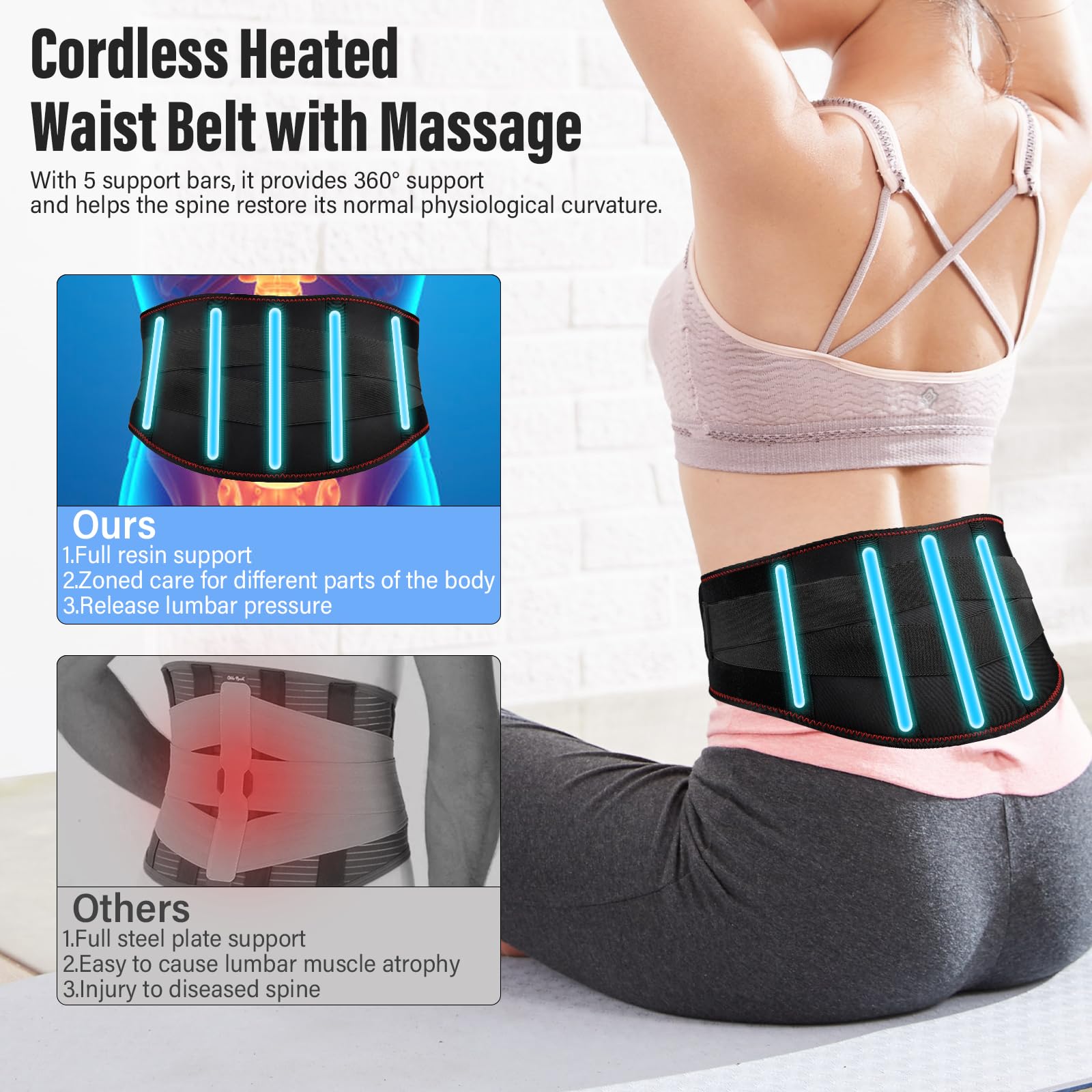 Ceinture Chauffante Lombaire avec 3 Modes de Massage et 3 Niveaux de Température, Timer pour Soulager les Douleurs Lombaires et Abdominales