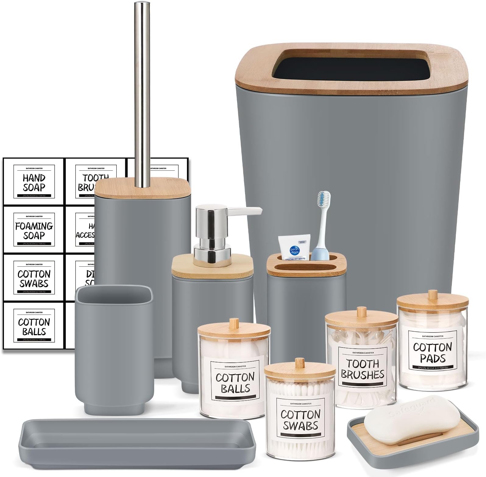 IMAVO 11 Piece Grey Bathroom Set, Trash Can, Toilet Brush, Storage Tray, Complete Bathroom Accessories Organization Kit for Bathroom Décor and Home Gifts