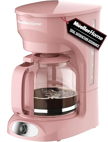 MUELLER HOME 12-Cup Pink Coffee Maker - Borosilicate Carafe, Auto-Off, Pink Kitchen Accessories, Reusable Filter, Anti-Drip, Kitchen Appliances, Keep-Warm Function