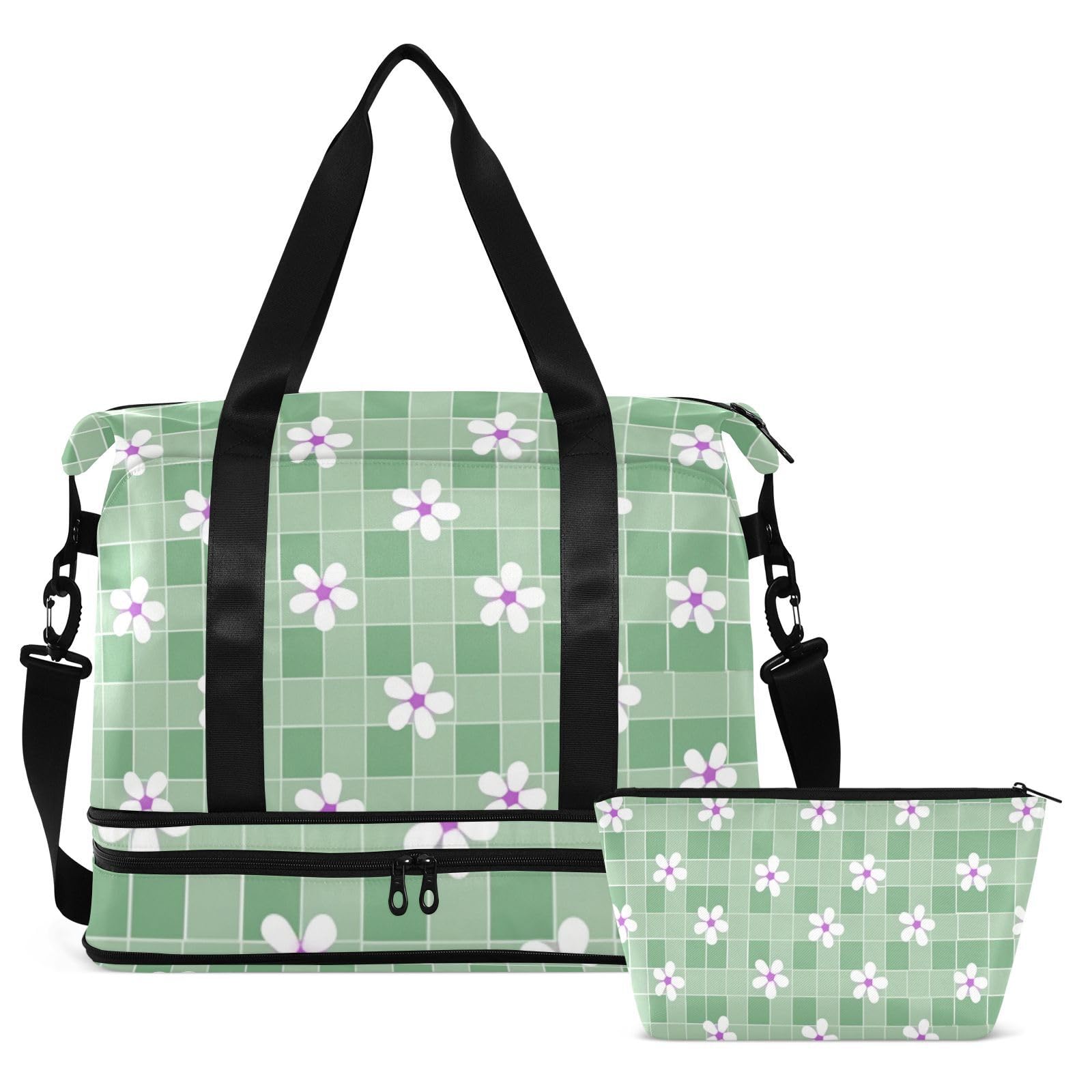 Buffalo Plaid Kariert Blume Grün Große Reisetasche mit Nassfach Verstellbarer Riemen Gym Tote Bag für Yoga Faltbar für Männer Frauen
