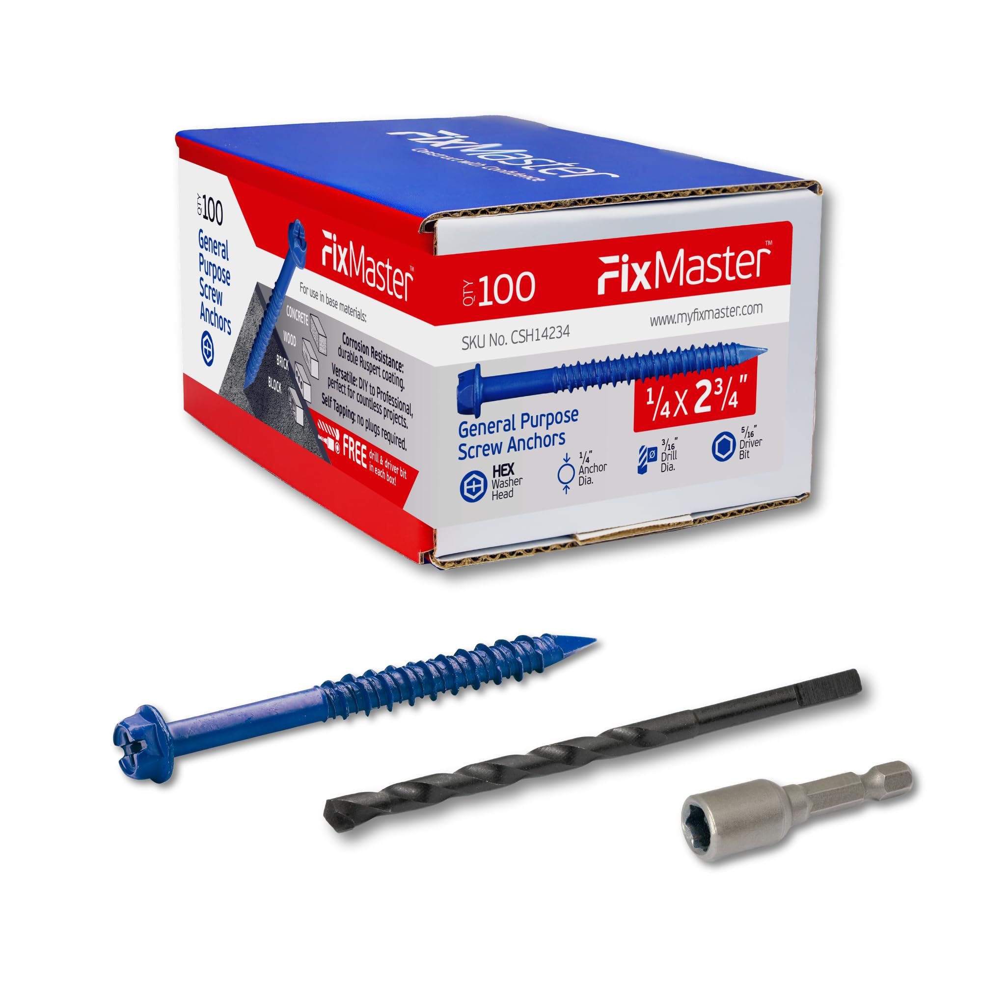FixMaster 1/4 x 2-3/4" Hex Head Blue Concrete Screw Anchors (100 pcs Screw Kit) with one Screwdriver and Drill Bit for Concrete, Masonry, Block, Brick