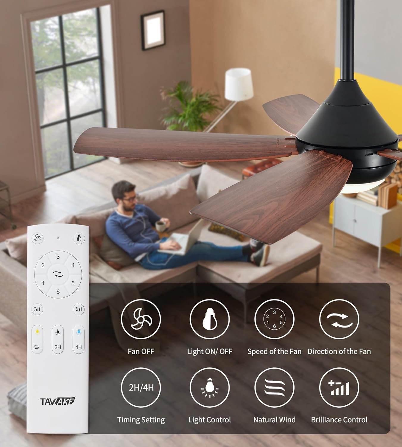 Ceiling Fans with Lights and Remote Control, 42 Inch Ceiling Fan with Light for Bedroom Living Room and Patio, Quiet 6 Speeds DC Reversible, Dimmable, Noiseless, Low Profile Ceiling Fans
