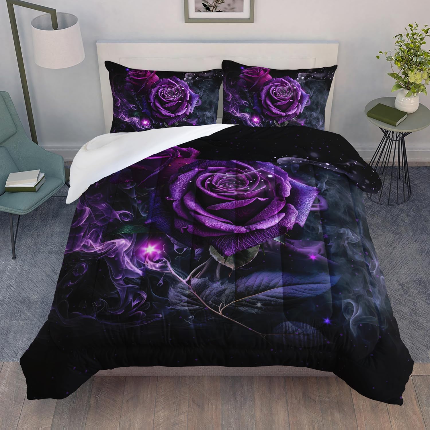 AILONEN Purple Rose Comforter Set Queen Size, 3D Oil Painting Purple Rose Bedding Set for Girls Couple Lover,Romantic Flowers Bed in a Bag 3 Pcs,1 Quilt and 2 Pillowcases,Soft Microfiber