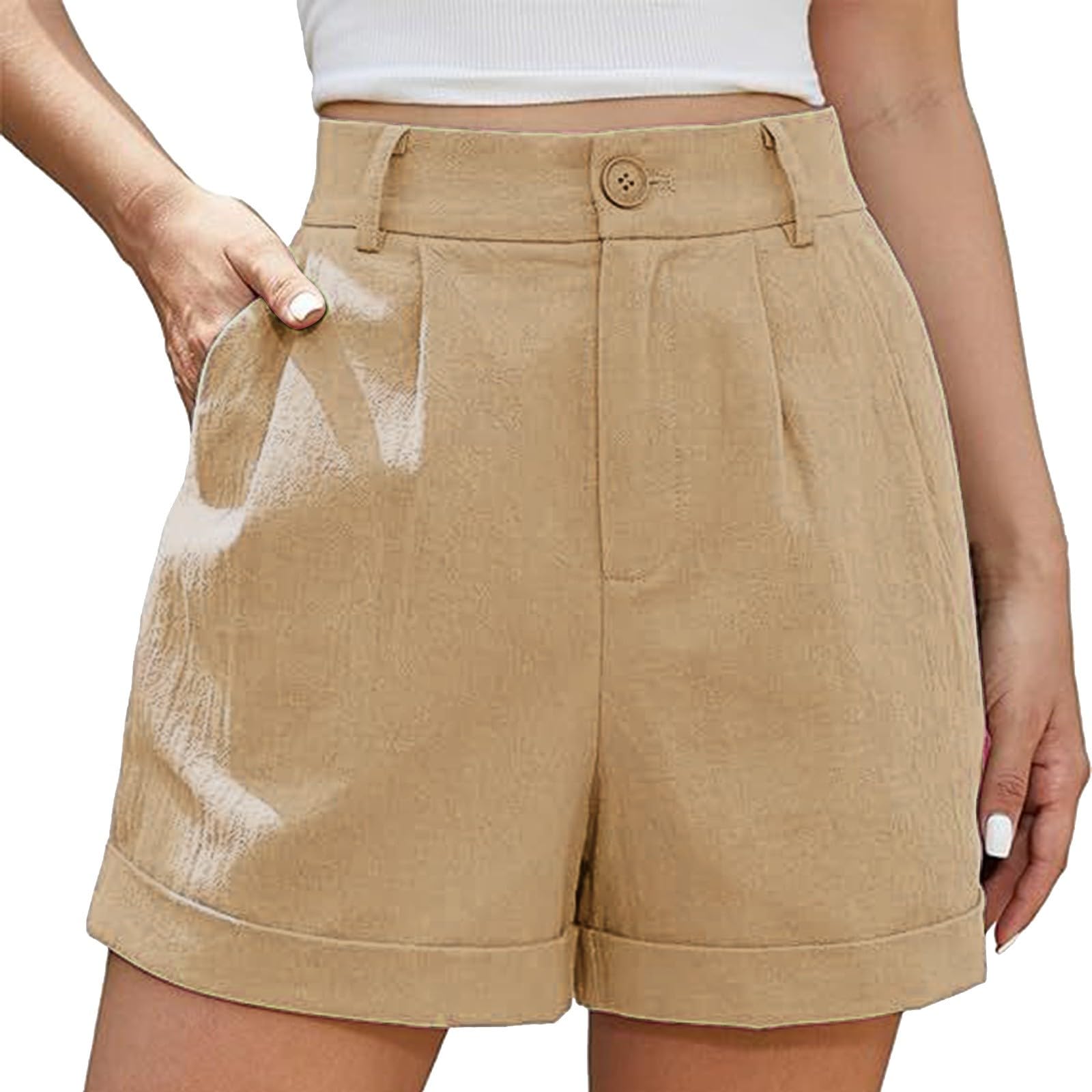 Womens Summer High Waist Linen Shorts Roll Up Pleated Zippered Wrap Hem Wide Leg Shorts with Pockets(Khaki,Large)