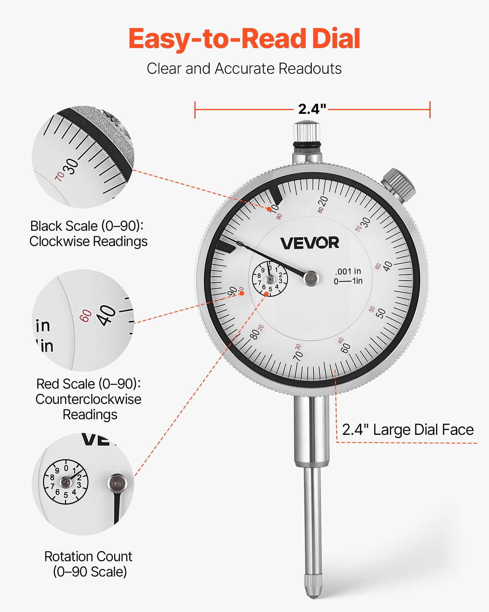 VEVOR Indicador de Comprobación de Cuadrante, con Base Metálica, Precisión de 0,03 mm, Rango de Medición 0 a 25,4 mm, para Medición de Áreas Estrechas, Mecanizado e Inspección Industrial, Plata