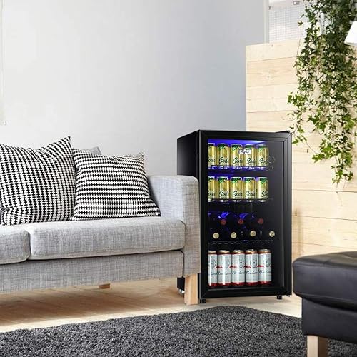 Miniatura 6 de Refrigerador de bebidas, mini refrigerador de vidrio, 100 latas, refrigerador de cerveza, bebidas, vinos, jugos, refrescos, estantes ajustables,
