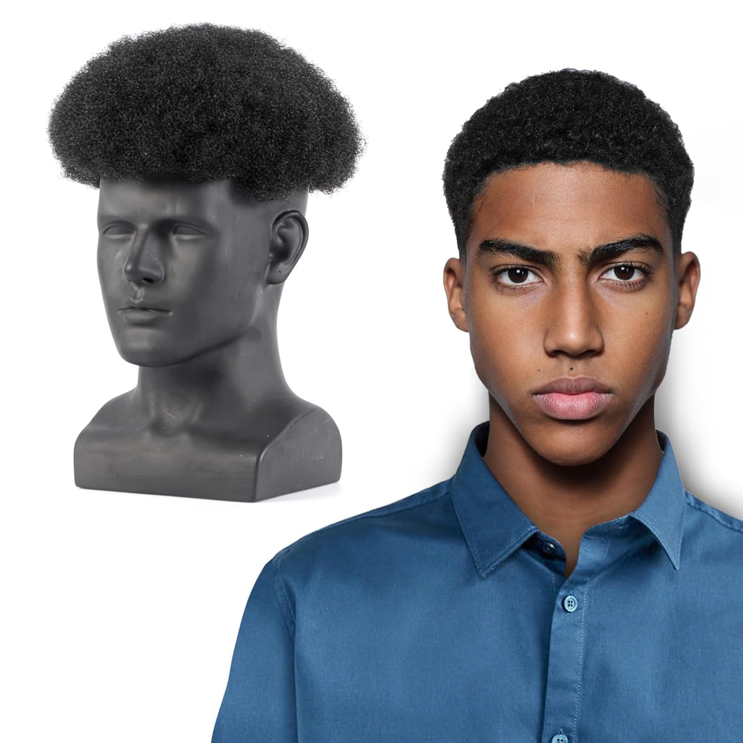 Afro Toupee for Black Men,Human Hair Toupee for African American Men Natural Black Hair Unit,Men’s Hair System (1B#-4mm, 8 * 10'')