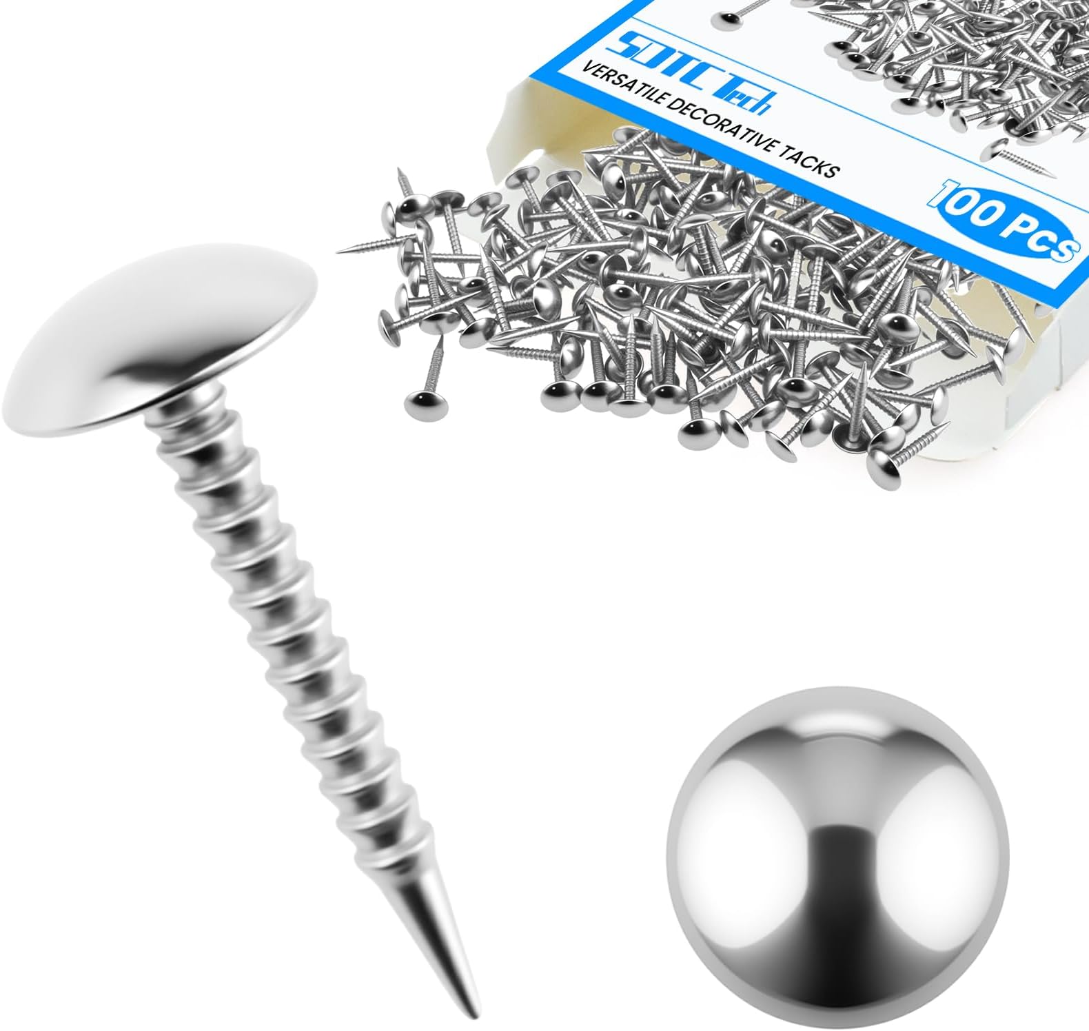 SDTC Tech 100-Pack Mini Round Head Furniture Thumb Pushpins Silver Decorative Upholstery Tacks Threaded Nails