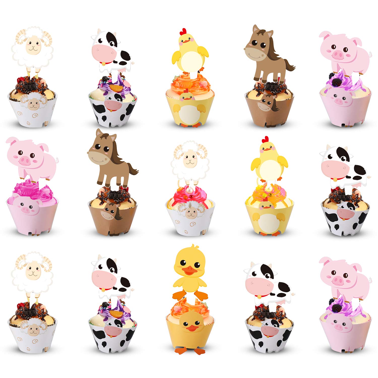 Blulu 60 Pieces Farm Animal Cupcake Toppers and Wrappers for Farm Theme Party Cupcake Wrappers Toppers Animal Birthday Barnyard Party Decoration Baby