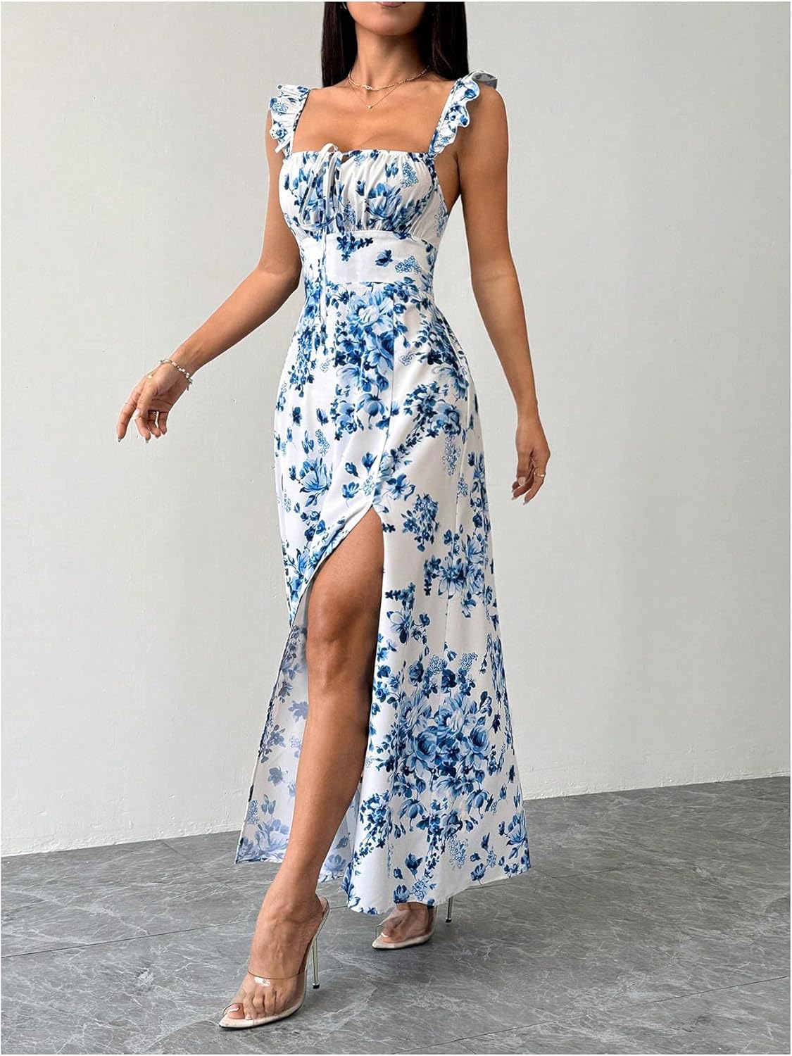 Floerns Women's Floral A Line Maxi Slit Dress Knot Front Square Neck Tie Backless Dresses - Image 2