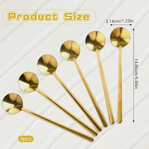 Miniatura 7 de 6 cucharas de café pequeñas, cucharaditas pequeñas de oro, cucharas largas para revolver, cucharas de té de acero inoxidable, cucharas redondas de