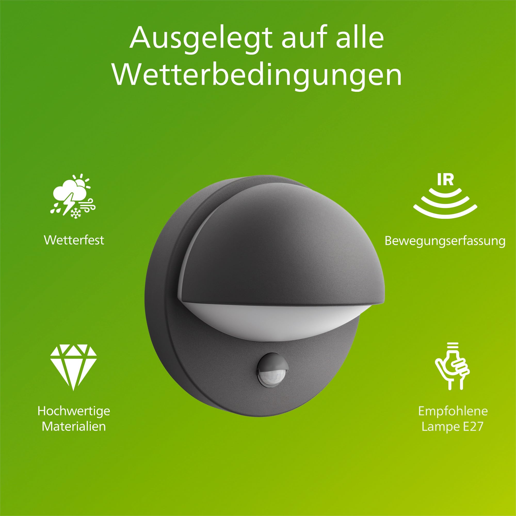 PHILIPS June Outdoor-Leuchte, Wandlampe, Außenlampe mit Bewegungsmelder, Außenbeleuchtung, IP44-Wetterfest, Langlebig, Aluminium, Modernes Design, Anthrazitgrau, E27-Leuchtmittel Separat Erhältlich