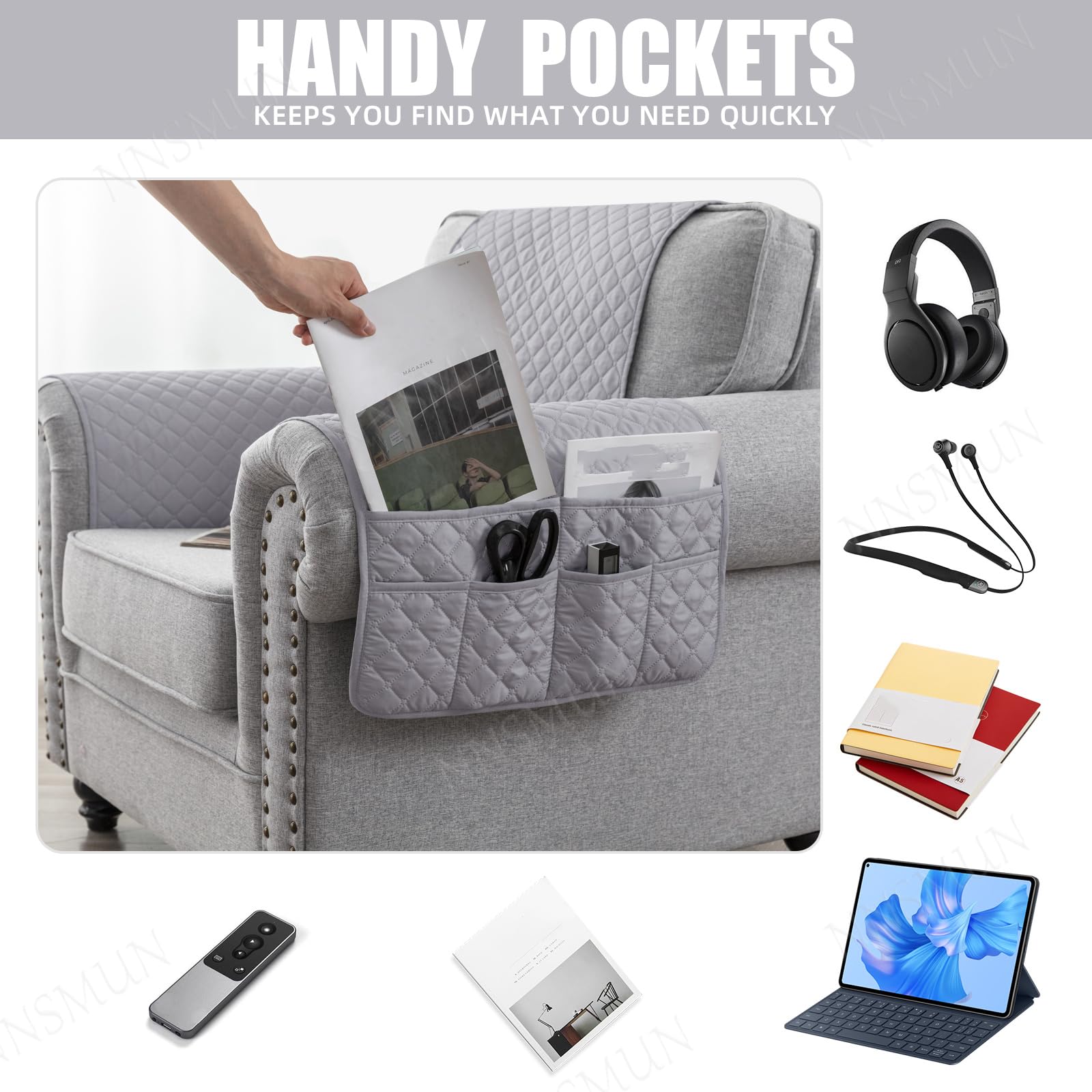 NNSMUN Sofa Armrest Cover 3/4/5Pcs, Waterproof and Nonslip Armchair Covers for Arms Headrest, Sofa Slipcover with Side Pocket, Quilted Protector for Pets Leather Couch (Light Gray,3 Seater(5pcs))