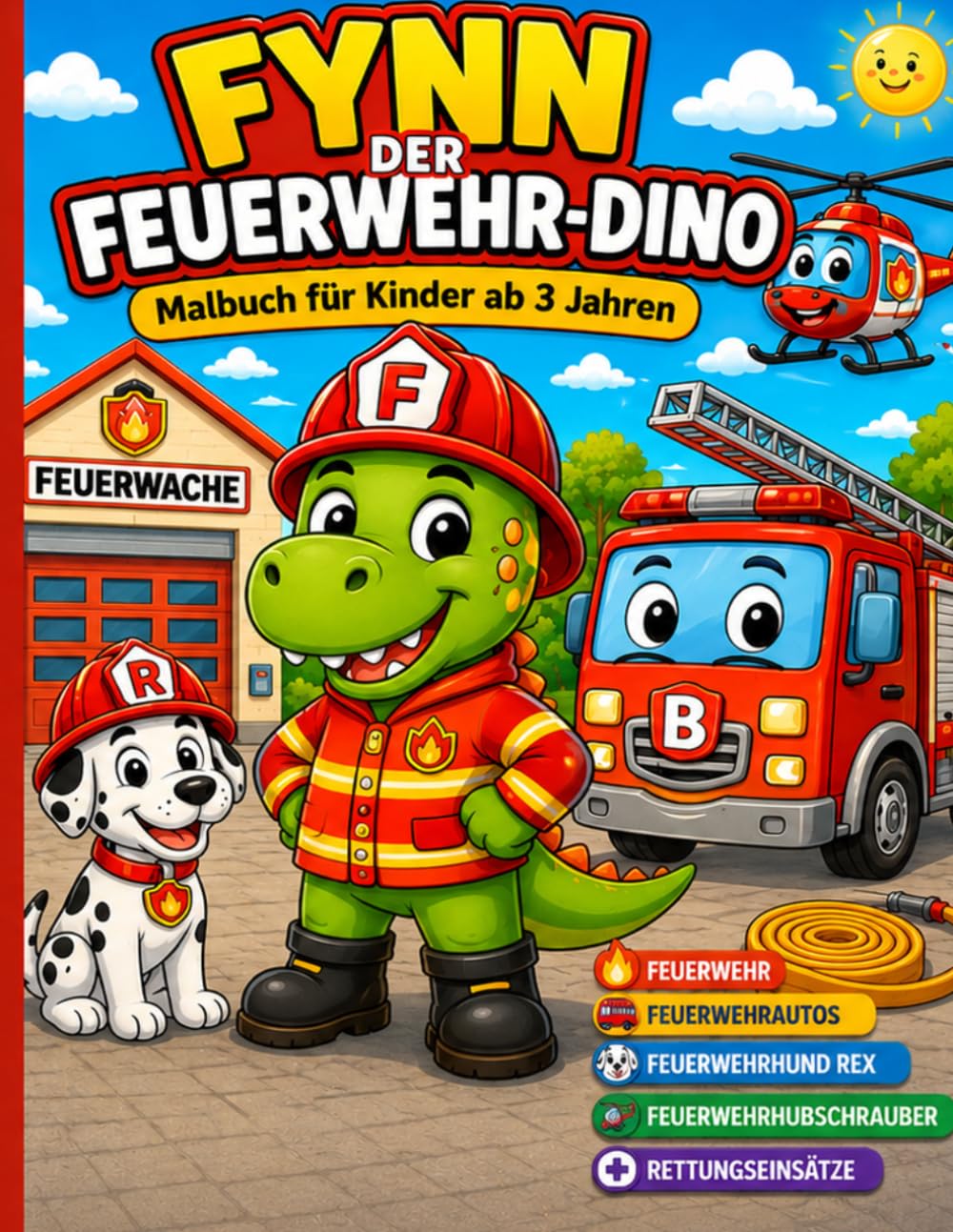 FYNN DER FEUERWEHR-DINO: Malbuch für Kinder ab 3 Jahren mit Feuerwehr, Feuerwehrautos, Feuerwehrhund Rex, Feuerwehrhubschrauber und Rettungseinsätzen, Dinosaurier