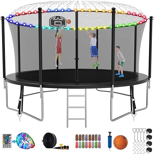 Tranpoline 1500LBS 16 15 14 12 10 8 FT Tranpoline for 7-10 Kids and Adults, Windproof Outdoor Tranpoline with Enclosure Net, Basketball Hoop, Easy to Install & Last Long - ASTM Approved