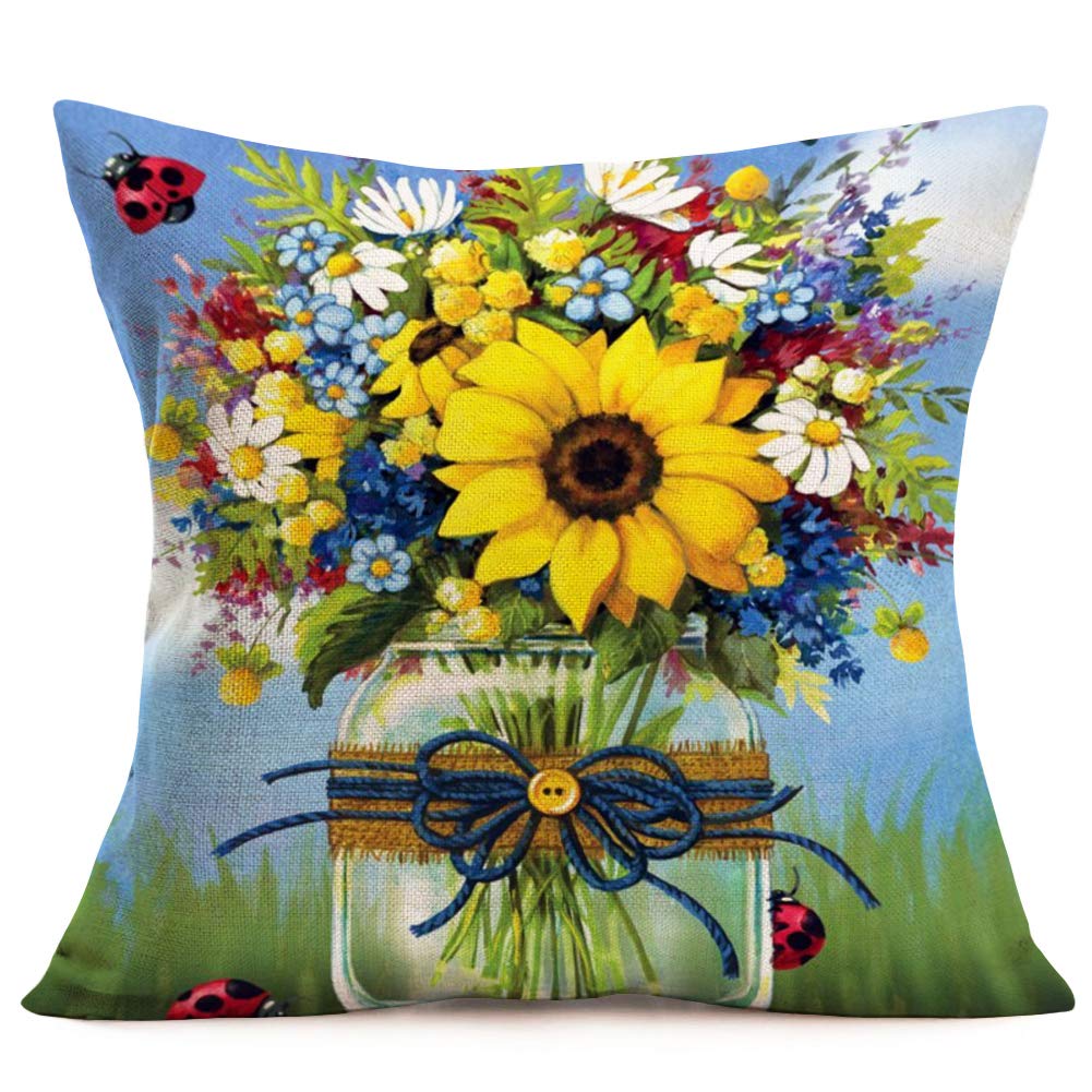 Smilyard Sunflower Decor Throw Pillow Covers Cotton Linen White Daisy and Blue Wild Flower Print Pillow Case Square 18x18 Inch Animal Decorative Pillowcase Outdoor Decor for Sofa Couch (K-k 02)