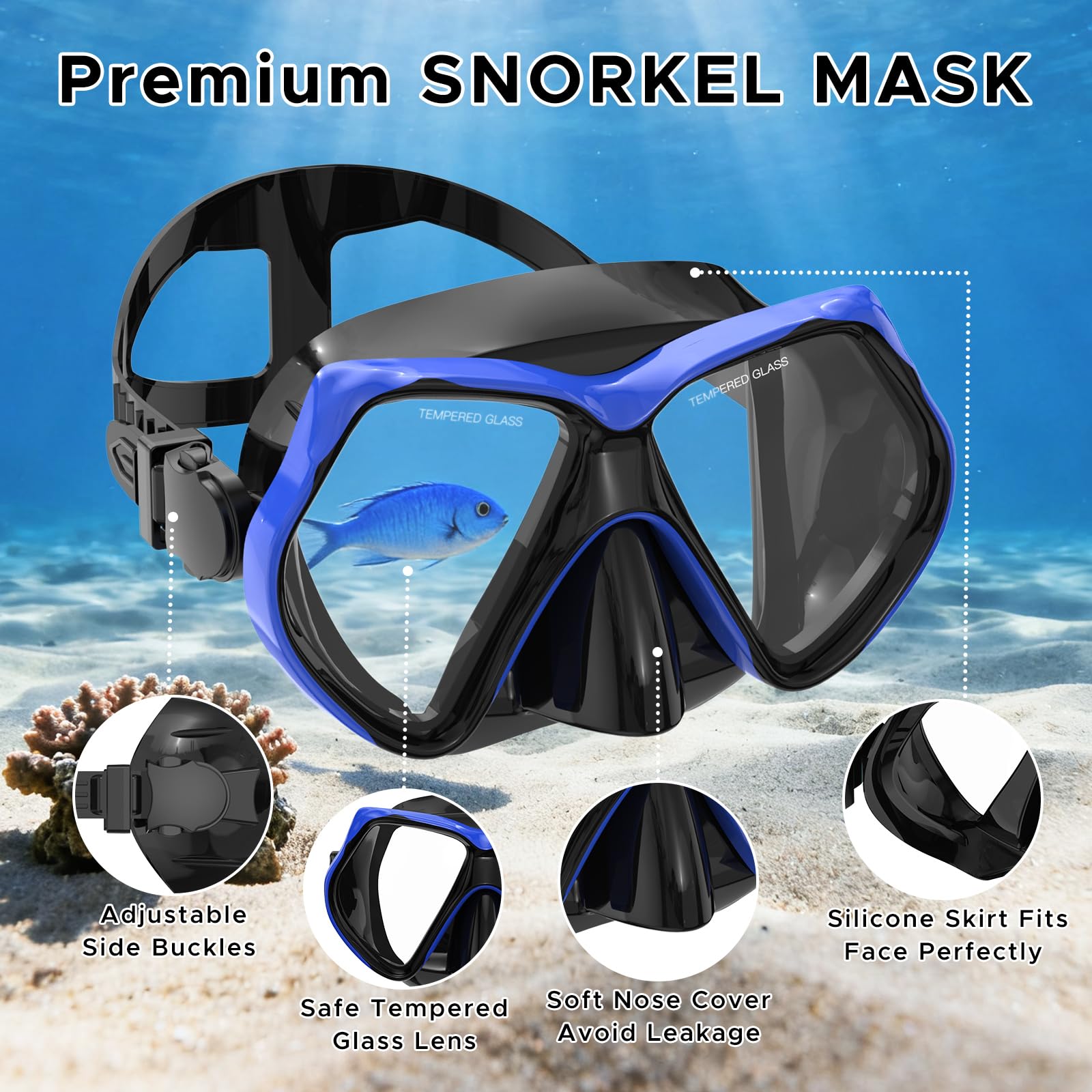 Erwachsene Tauchmaske, Schnorchel-Tauchmaske, Schwimmbrille mit Nasenabdeckung, Panorama-HD-gehärtetes Glas, Tauchen, Schwimmen, Schnorcheln, Ausrüstung, Freitauchen, kein Auslaufen, Anti-Beschlag