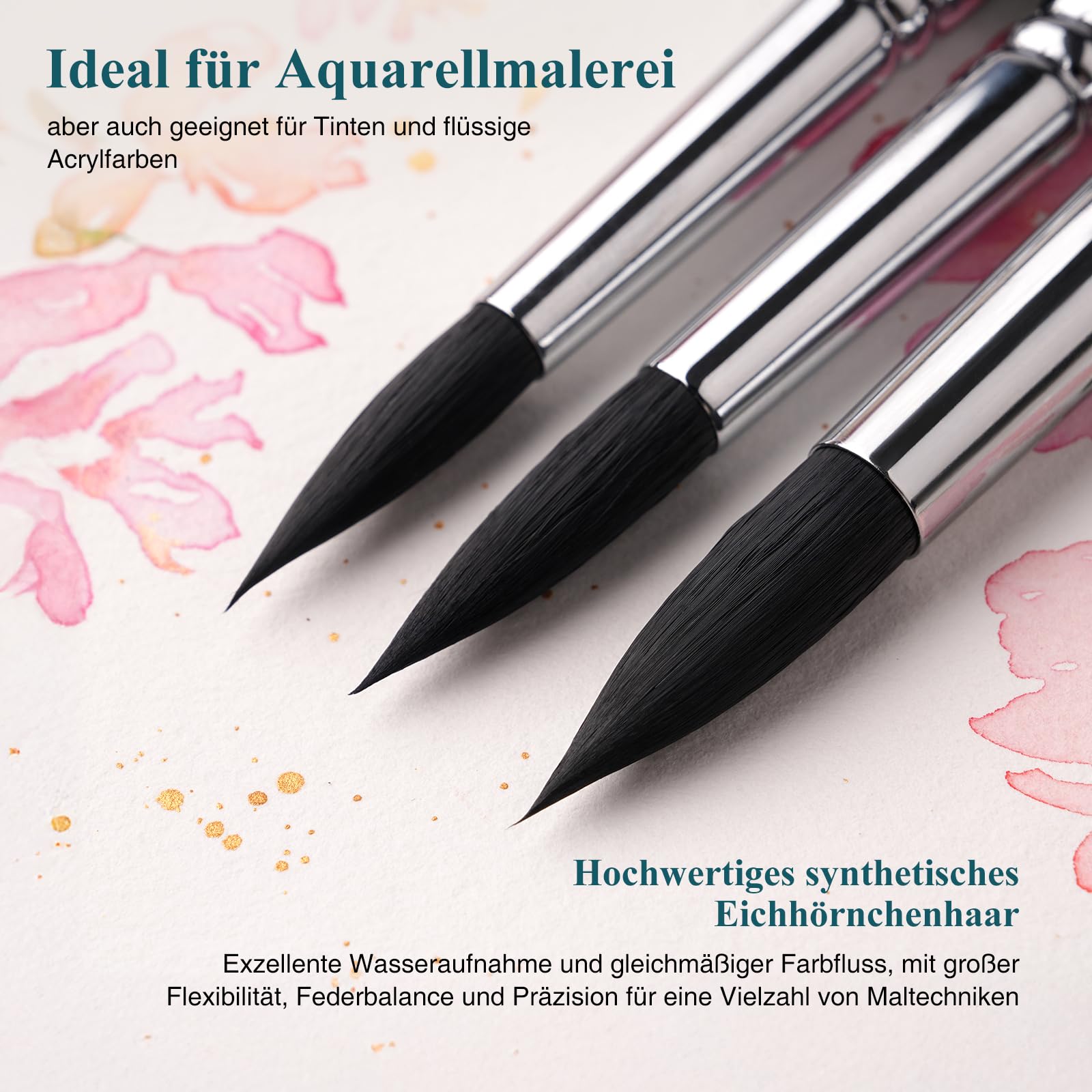 Aquarellpinsel Set - 9 Stück Premium Synthetisches Eichhörnchenhaar Rund Pinsel Set für Aquarell, Tempera | Ausgezeichnete Farbtragekapazitöt | Professionell Künstler Aquarellpinsel, Watercolor Brush