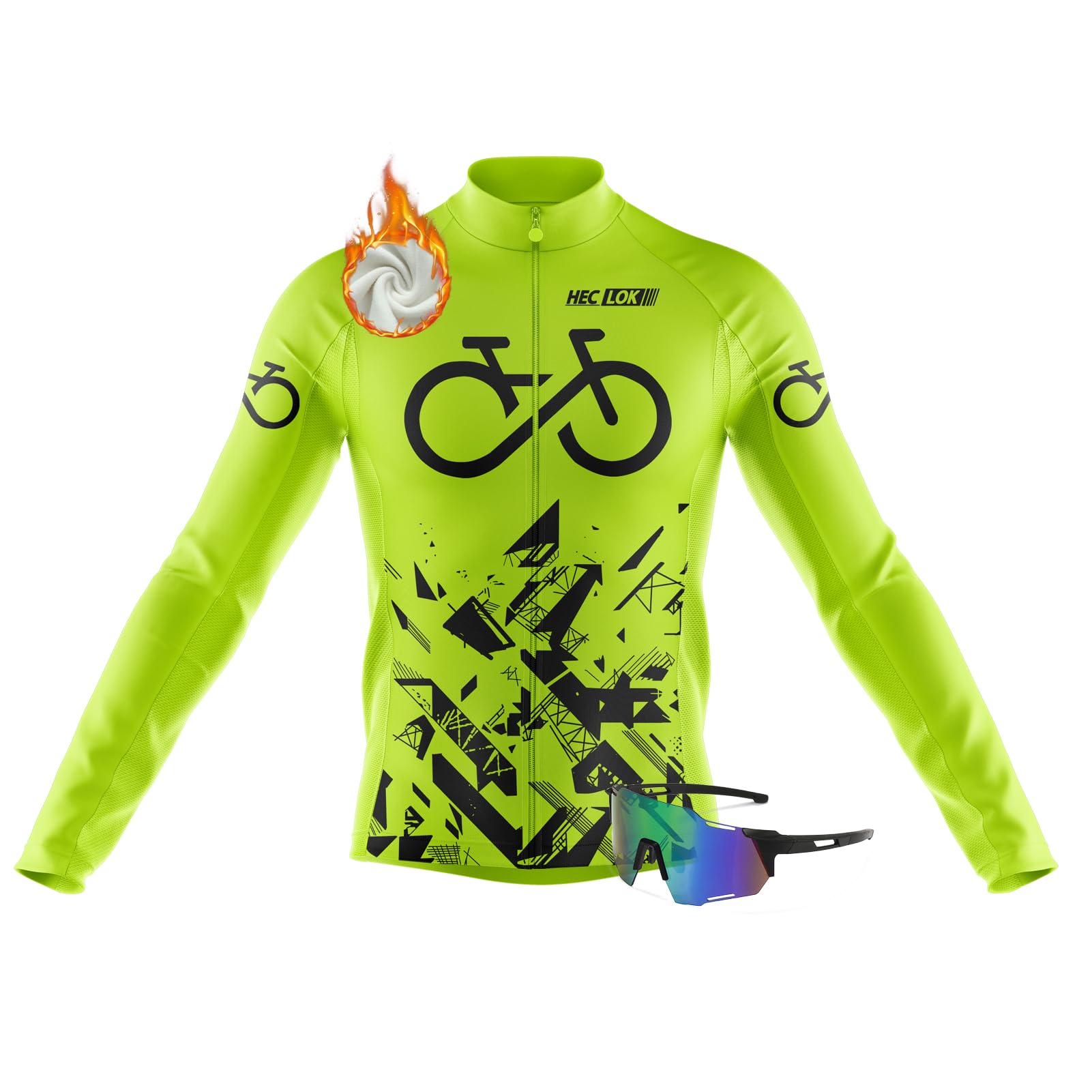 HECLOK Winter with Fleece Mens Breathable Warm Long Sleeve Cycling Jersey， Bicycle Top Windproof Winter Cycle Top, Thermal Cycling jacket,＋Cycling Polarized Sunglasses (TYP-10,XL)