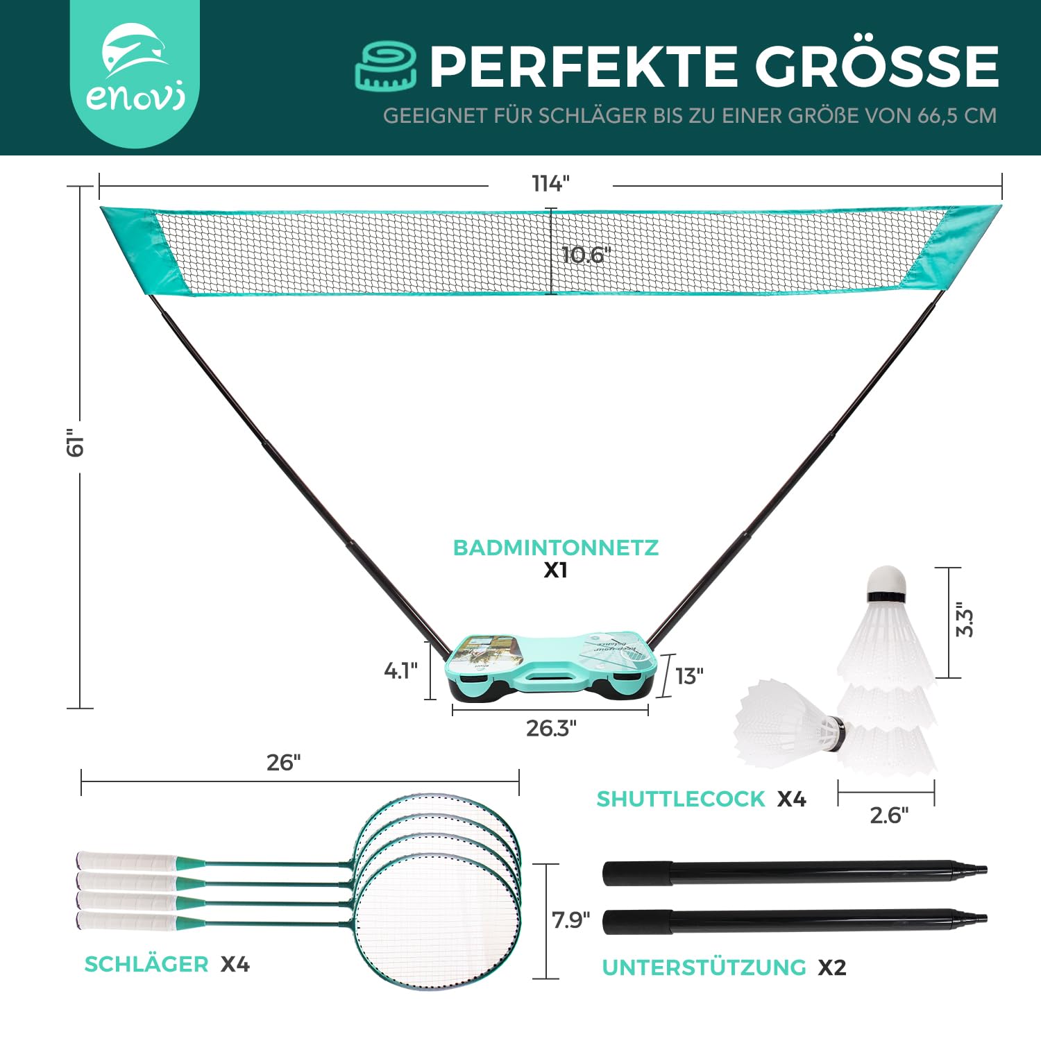 EasyGo Federball Set, Badminton Set mit 4 Schläger, Badminton Netz, 4 Federball, Tragbare Aufbewahrungsbox