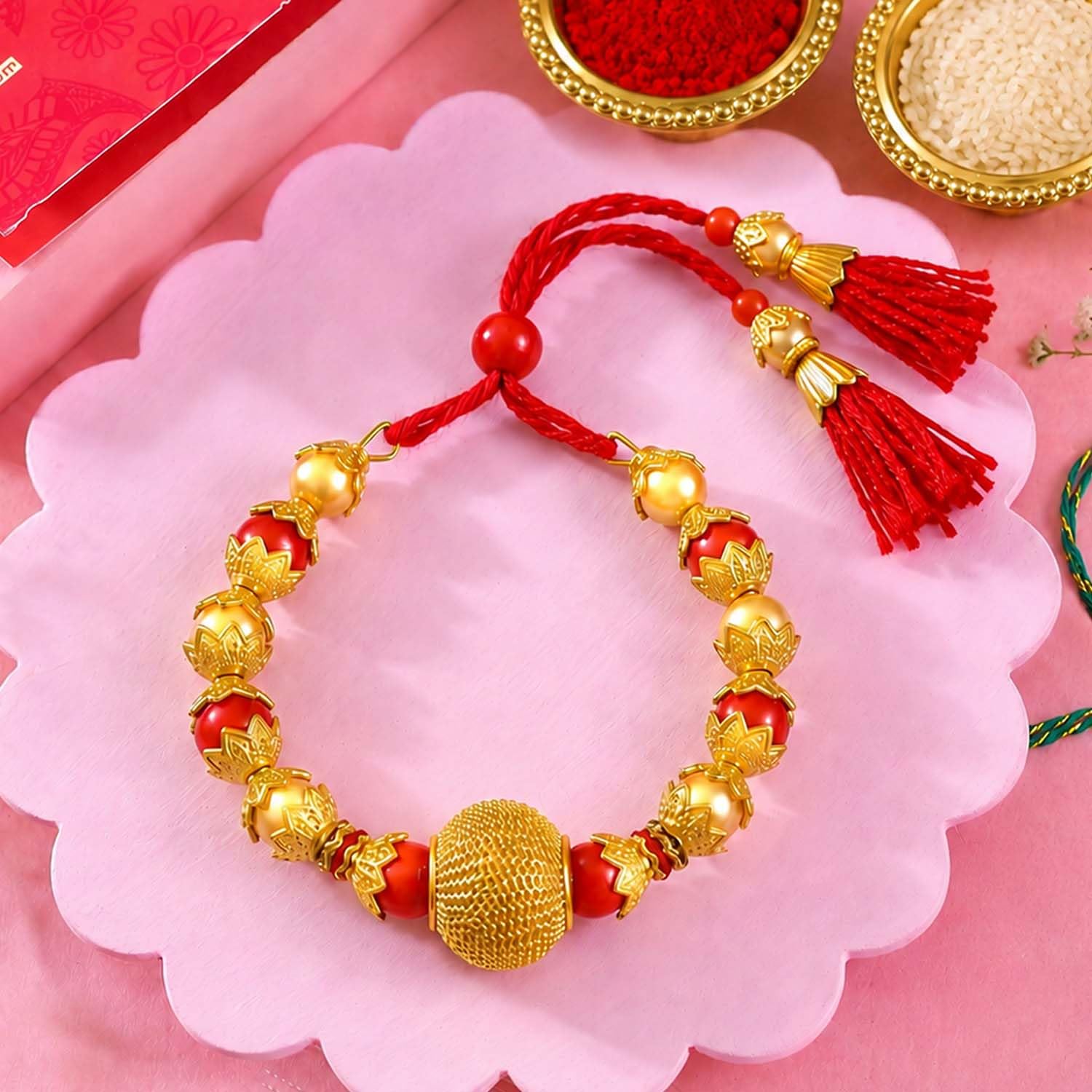 Golden Kundan Pearl Lumba Rakhi Bracelet rakhi Raksha Bandhan Designer for Sister in law Bhabhi Lumba Chuda with Roli Tilak (Pack of 1)-image-16