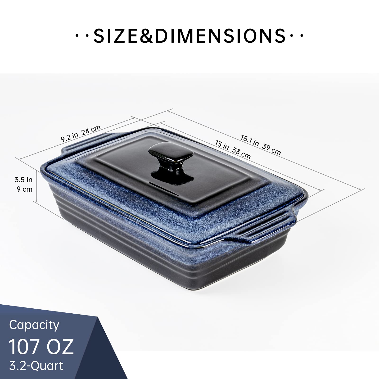 UNICASA Plat à Rôtir Céramique avec Couvercle, Cocotte Rectangulaire Bleu 3000 ML, Moule Passe au Four à Micro-Ondes - Glaçure Réactive, Bleu - 3 L