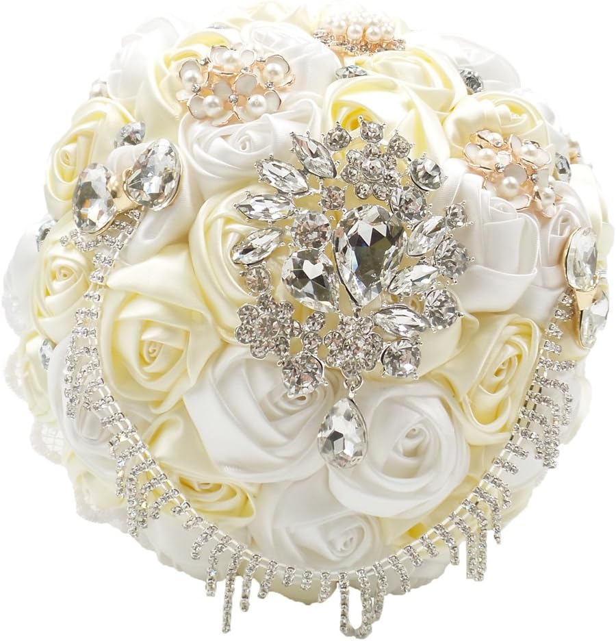 Abbie Home Handmade Wedding Bride Bouquet, Artificial Satin Rose with Rhinestone Brooch Pearls Decorative for Wedding Engagement Party (White+Ivory)