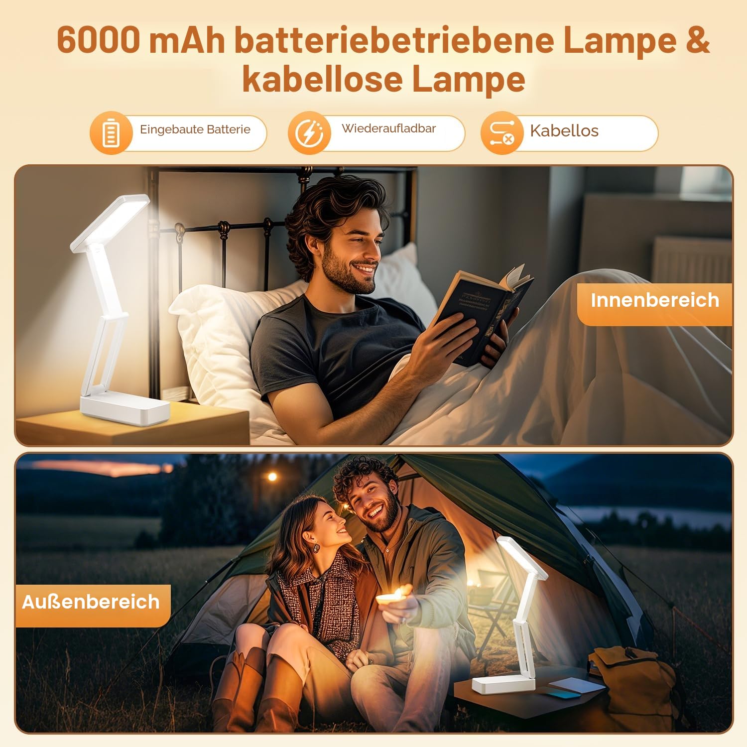 6000mAh Akku Tischlampe Kabellos, 3 Farben+Dimmbar Schreibtischlampe Kinder, Faltbar+Tragbar Led Tischlampe Akku Lampe, Nachttischlampe Touch Lampe mit Timer, Leselampe Kinder, Campinglampe Aufladbar