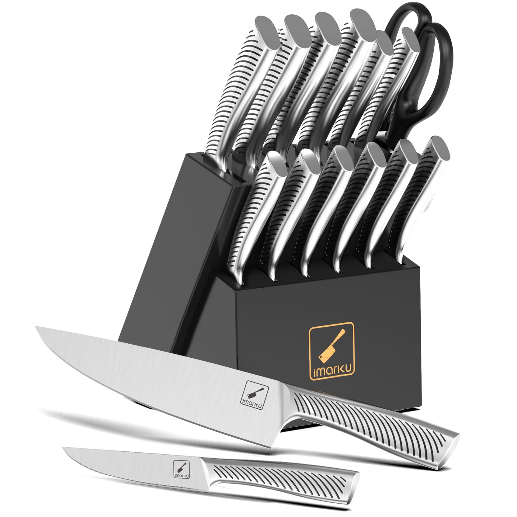 Knife Set, imarku 14Pcs Kitchen Knives Set, Premium Japanese Knife Set with Block, Razor-Sharp High Carbon Stainless Steel Knives Set for Kitchen, Dishwasher Safe, Built-in Sharpener, Black