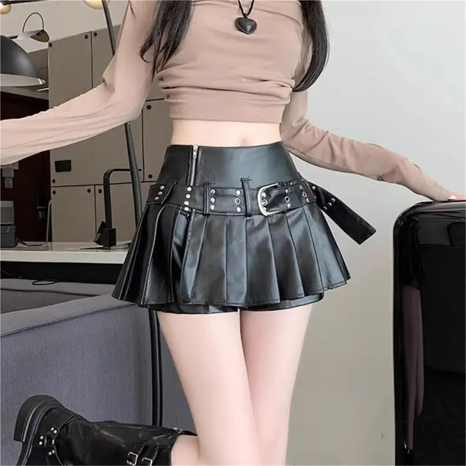Falda de Cuero, Falda Cuero Mujer Falda Negra Retro de Cuero sintético for Mujer, otoño, Cintura Alta, Palabra A, Plisada(Xlarge)