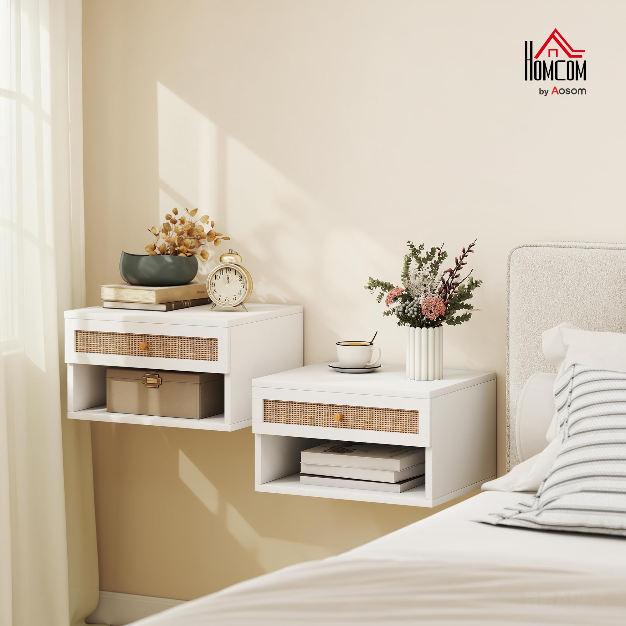 HOMCOM Set di 2 Comodini da Parete in Legno 40x34x23 cm | Comodino sospeso, cassetto scorrevole, ripiano, frontale in rattan intrecciato