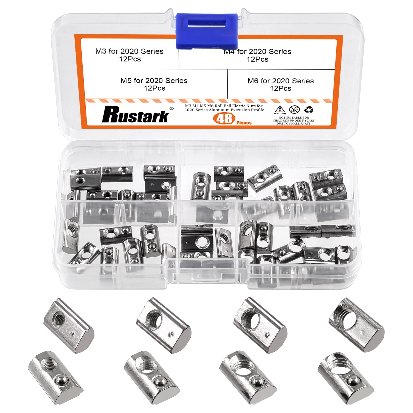 Rustark 48pcs 4 Sizes Carbon Steel Roll in T-Nuts Metric T-Nut with Ball Spring Roll Ball Elastic Nuts T Slot Nuts T Spring Nuts for 2020 Series Aluminum Extrusion Profile Rail 3D Printer CNC Router
