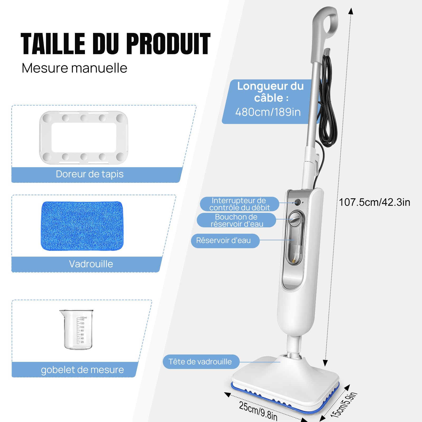 Nettoyeur vapeur 1500W - Balai vapeur avec fonction à main - Chauffage express 20s - Réservoir 400ML - Pour sols et surfaces diverses