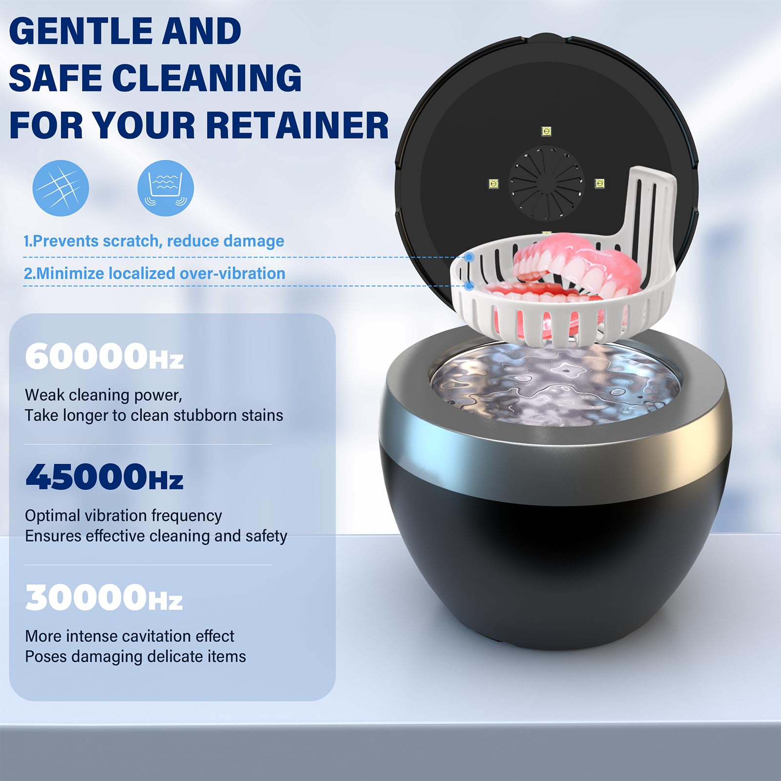Limpiador ultrasónico de retención, limpiador de dentaduras postizas de 200 ml para protector bucal, alineador, soporte, protector nocturno y aparato dental con 4 modos, limpiador de joyas de 45 kHz