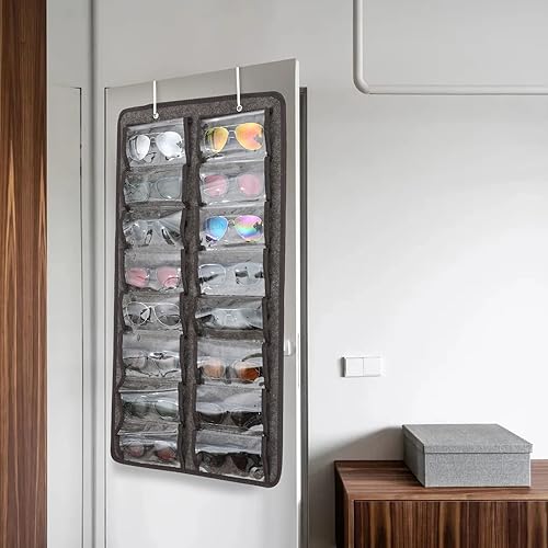 Miniatura 7 de RZMAYIS Organizador de lentes de sol a prueba de polvo, organizador de lentes de sol colgante para colgar en la pared, 16 ranuras para gafas de sol,