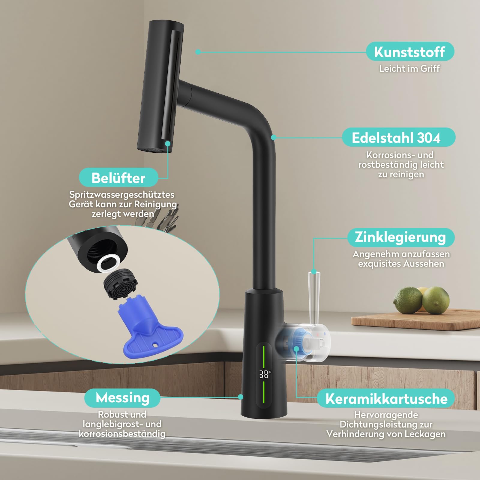 KAIYING Hochdruck Wasserhahn Küche Ausziehbar mit Temperaturanzeige | Batterielos Wasserfall Küchenarmatur Ausziehbar, 360° Schwenkbar Spültischarmatur Küche mit Vier Sprühmodi, Schwarz