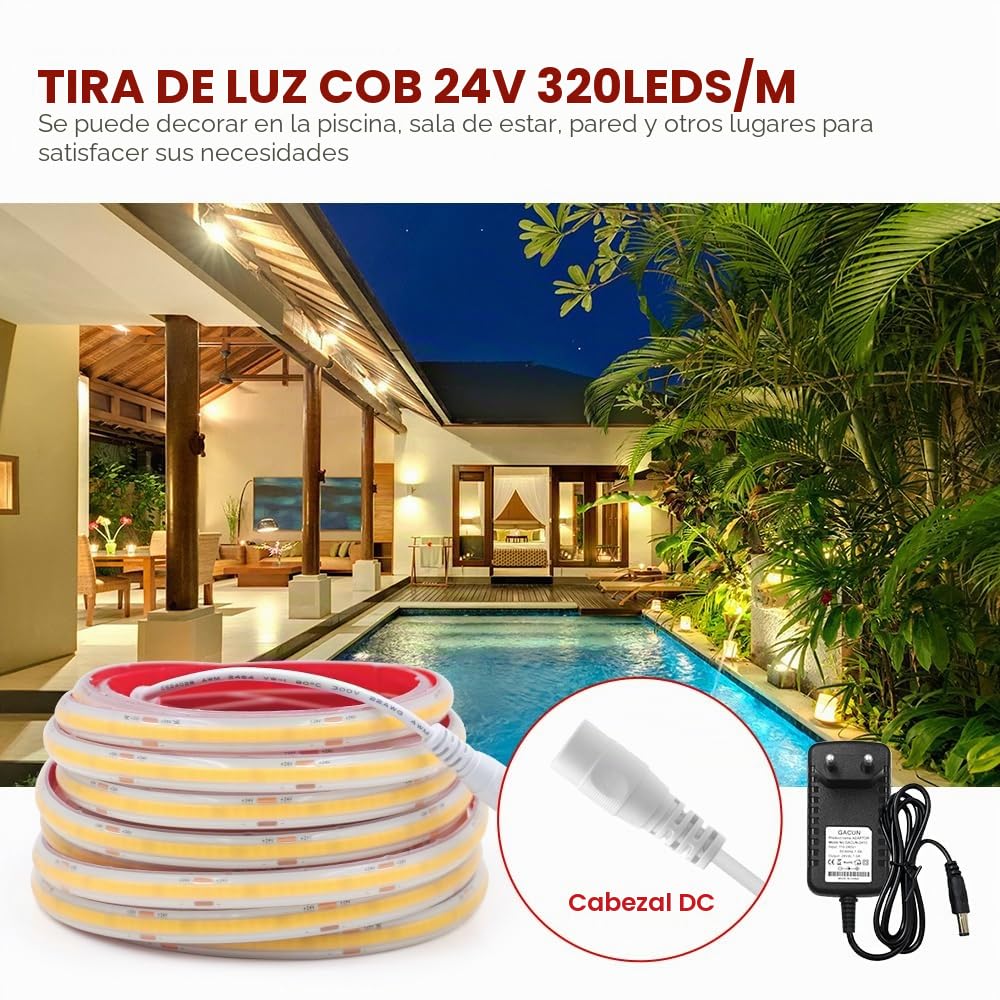KISUFU Tira LED COB 24V 320 LEDs/M DC Tira de luces LED Ip68 impermeable Superbrillante luces de cinta LED con Fuente de alimentación para Interior y exterior Decoración del Hogar