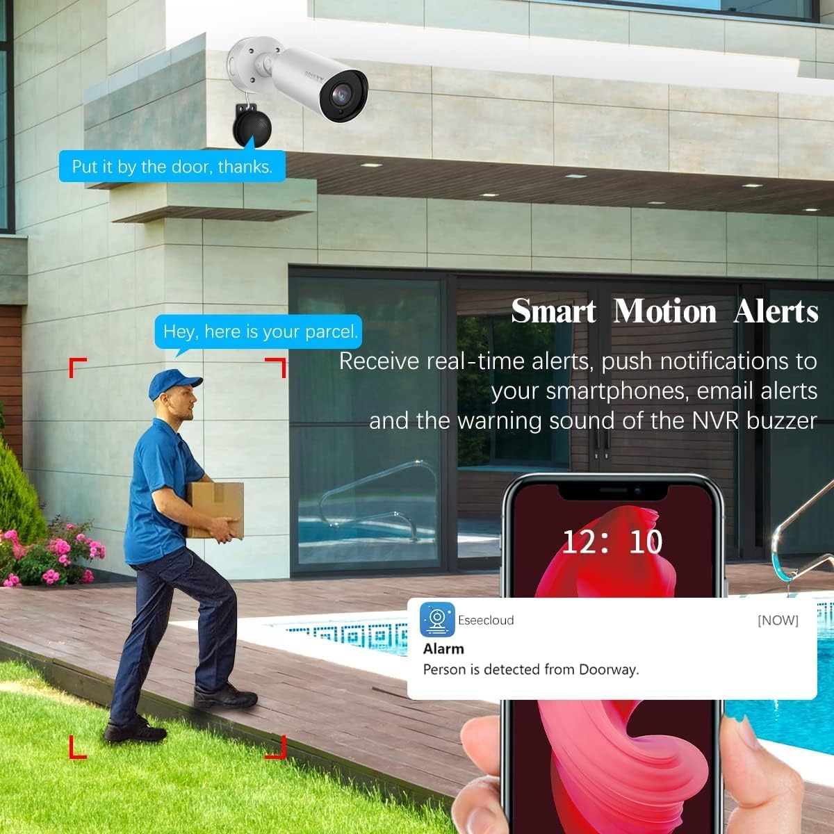 Image depicting a delivery person at a house, with a smartphone displaying a 'Person is detected from Doorway' alarm notification, illustrating the smart motion alert feature.