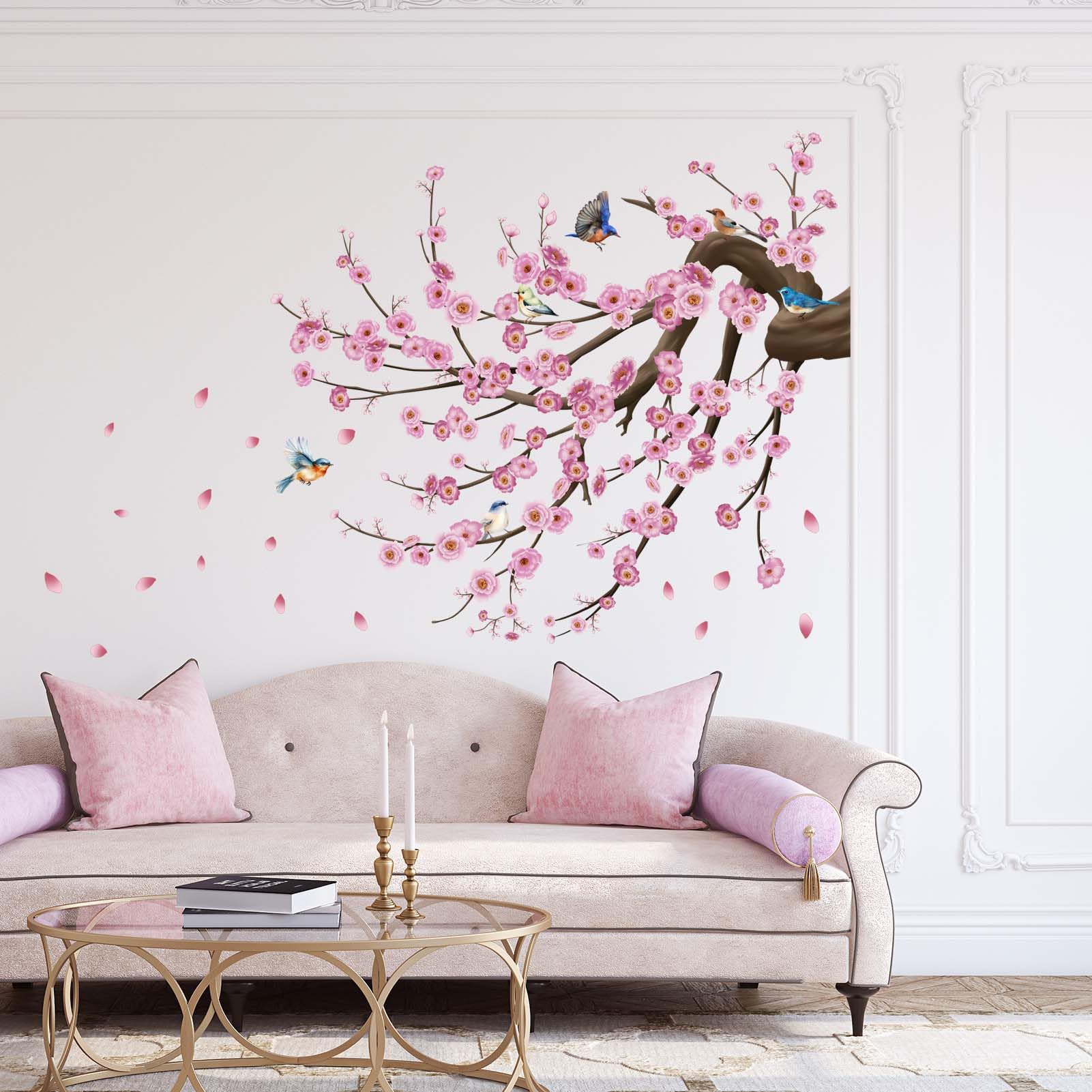 Pink Watercolor Cherry Blossom Flower Wall Stickers - Tree Branch Floral Birds Wall Decals - Bedroom Living Room Sofa TV Background Home Wall Decor