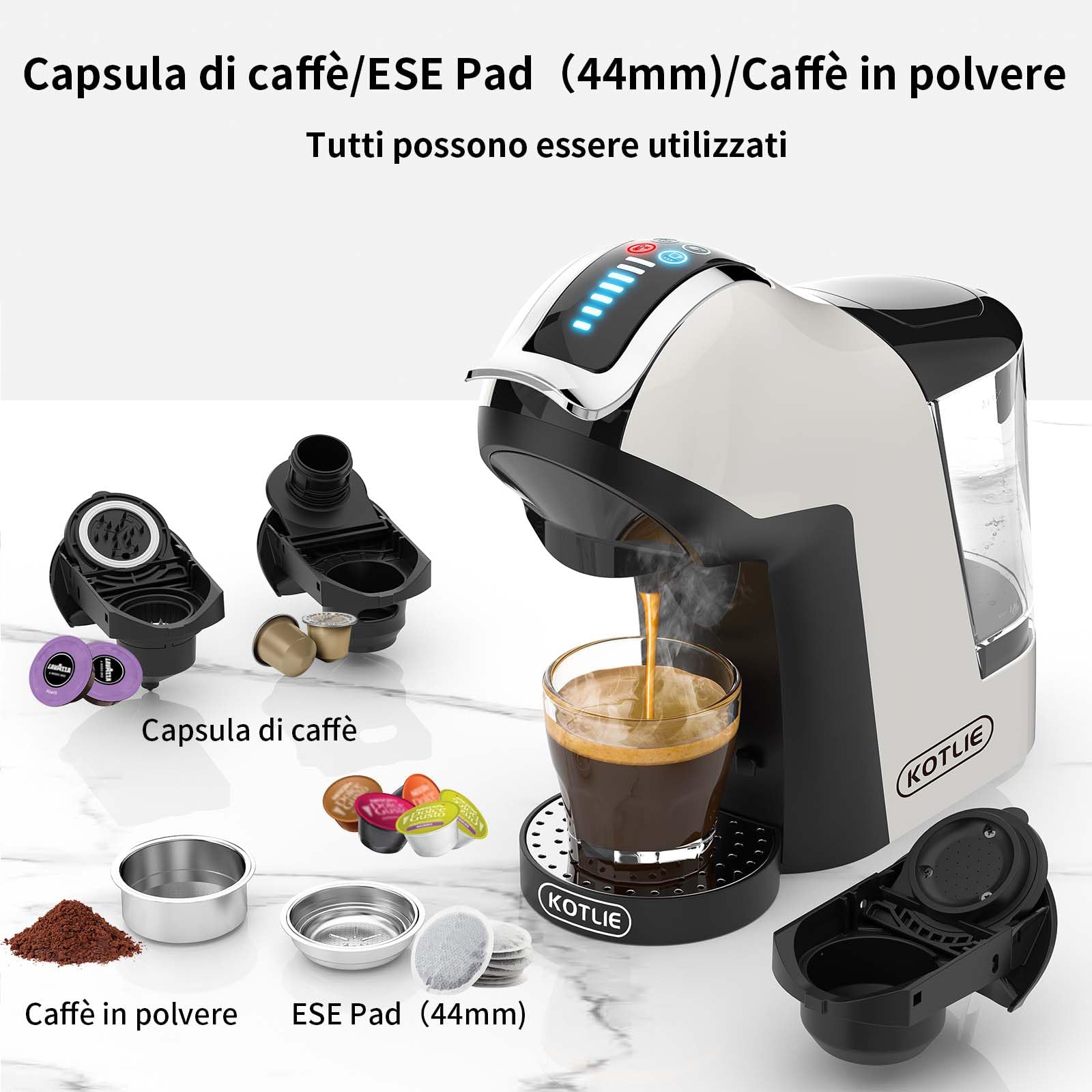 KOTLIE EM-308A Macchina da caffè a capsule 5 in 1,per Nespresso Original/per Lavazza a modo mio/per Dolce Gusto/ESE(44mm)/Caffè in polvere,supporto per l'estrazione a freddo(Bianco)