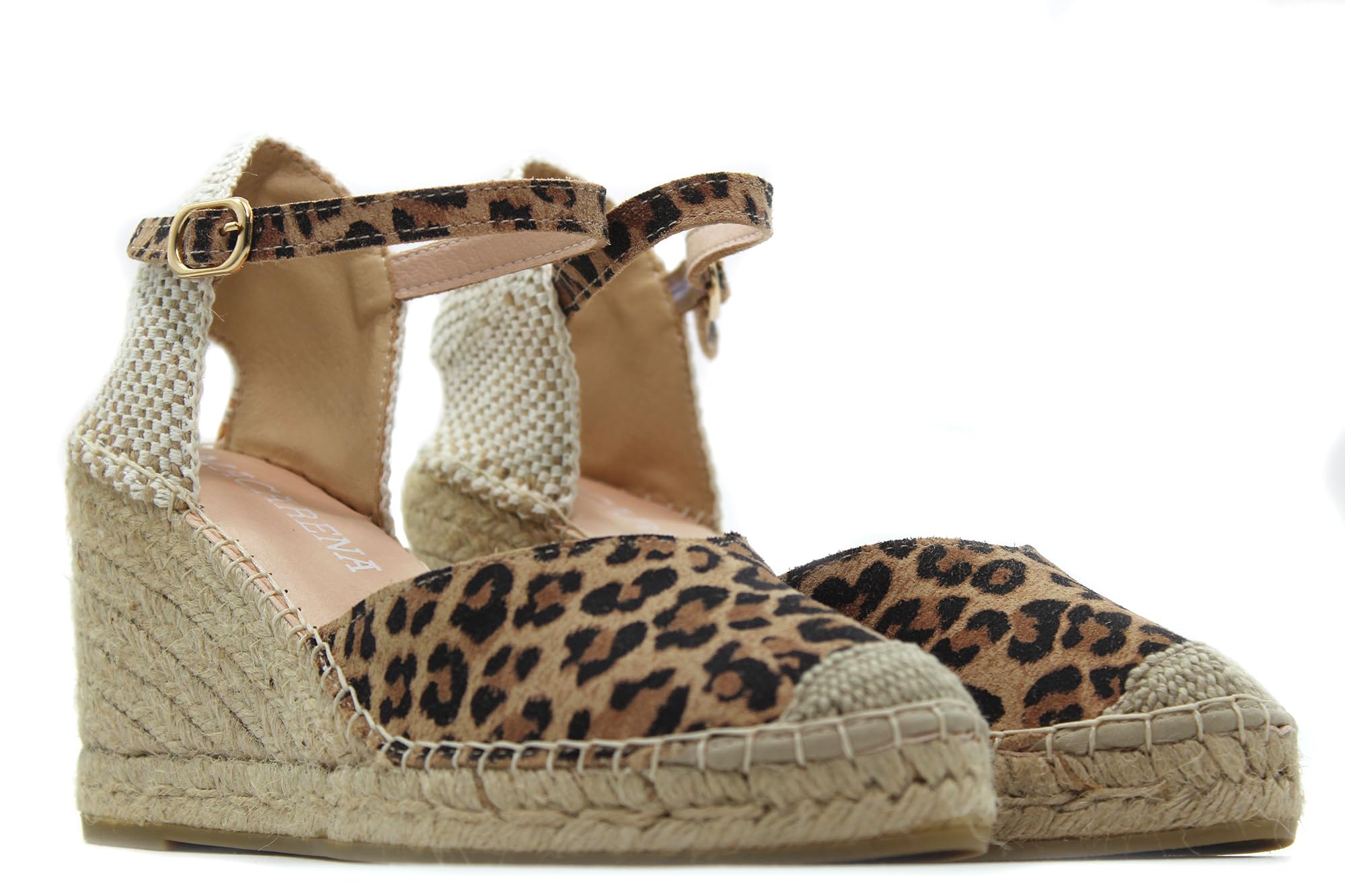 MACARENA - Sandalia con cuña de esparto,pulsera al tobillo,suela de goma,piel,planta de gel,leopardo, para: Mujer color: LEOPARDO talla:40