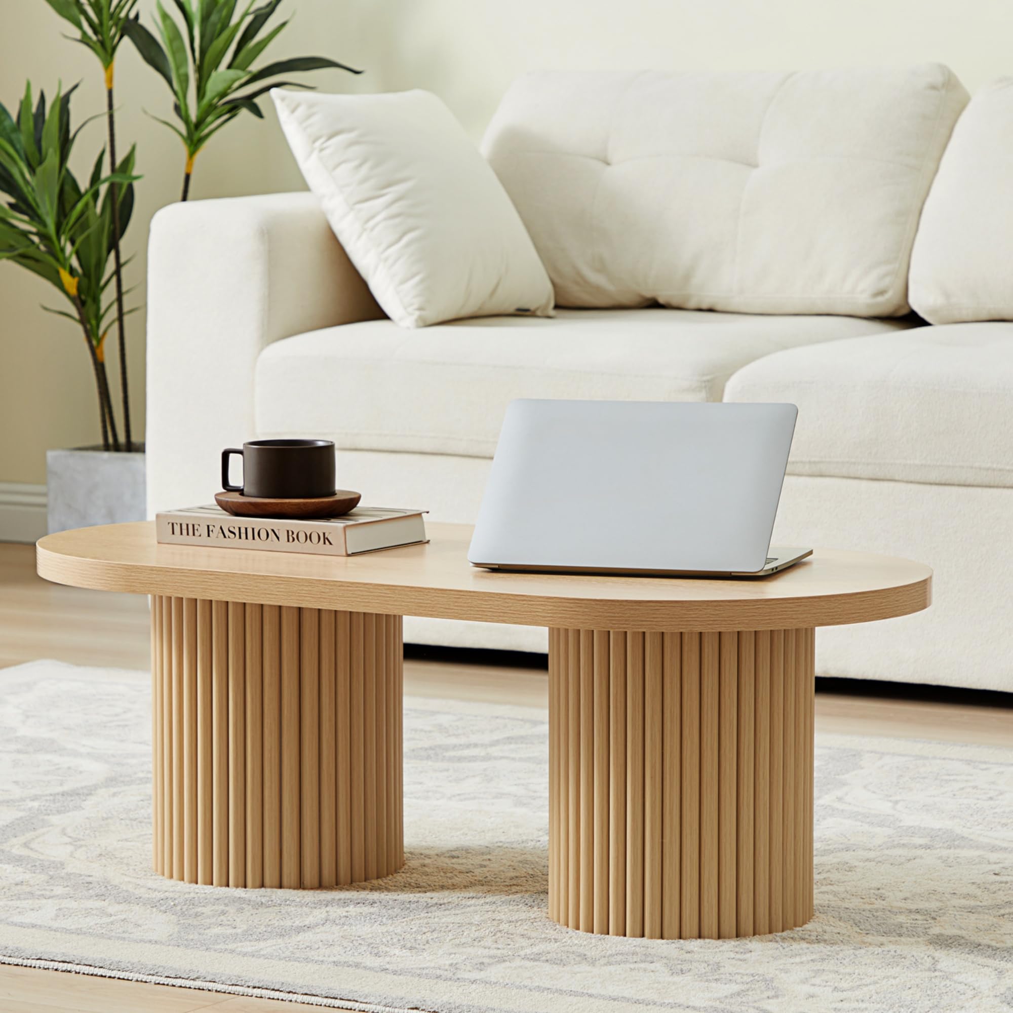 Oval Fluted Coffee Table, Farmhouse Wood Coffee Table Mid Century Modern Center Table Boho Living Room Tables for Living Room Office (Natural, 19.69" D x 39.38" W x 13.78" H)
