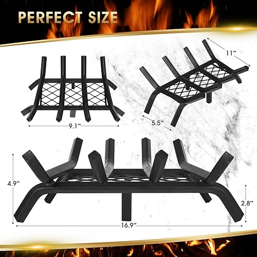 Miniatura 7 de Rejilla de chimenea de 17 pulgadas resistente con retenedor de brasa, rejilla de troncos de fuego de barra de 12 pulgada para chimenea interior,