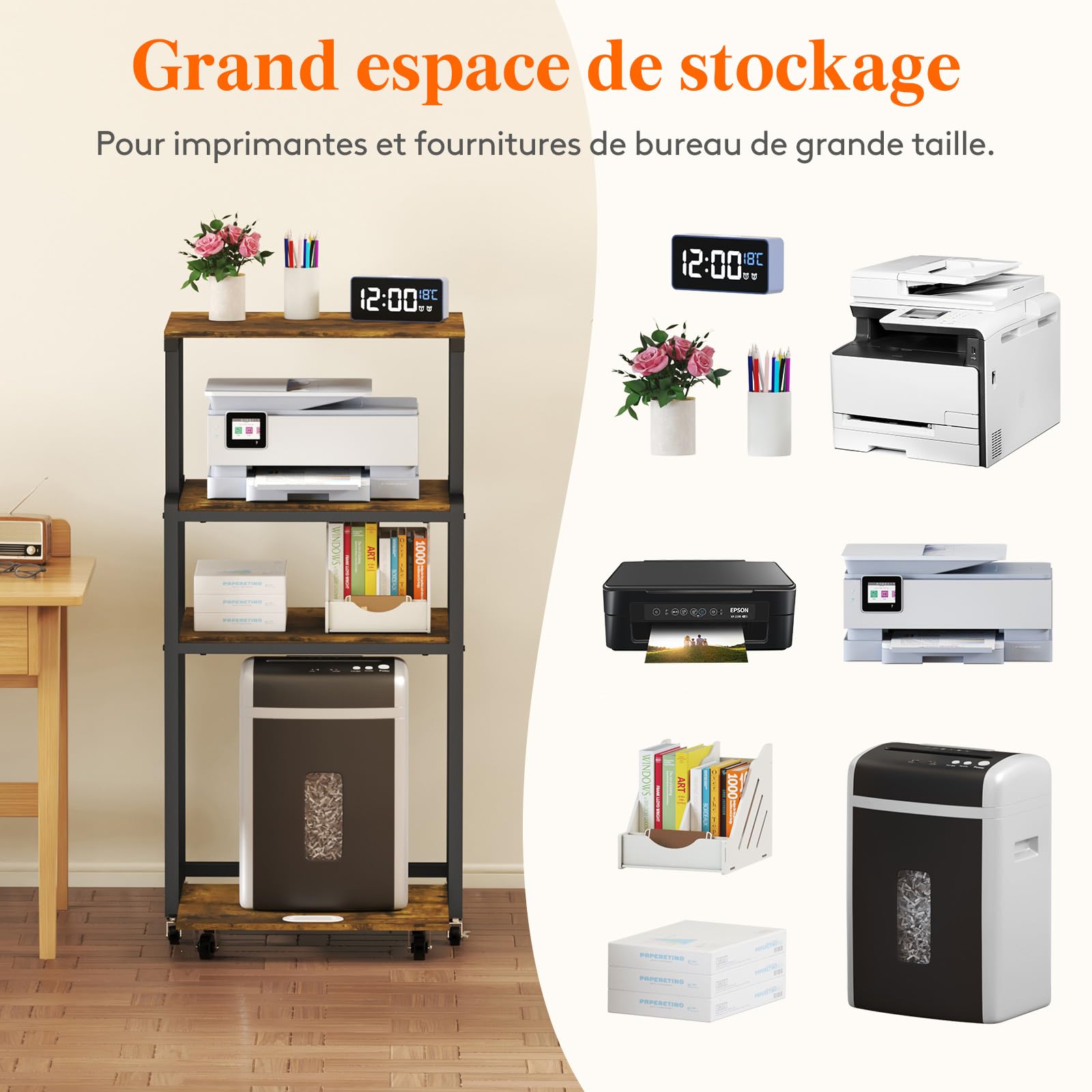 Lifewit Meuble Imprimante 4 Étages avec roulettes et Étagère de Rangement Ajustable pour Bureau à Domicile, Chariot D'imprimante pour Destructeur, Scanner, Brun Rustique, 53x40x112cm